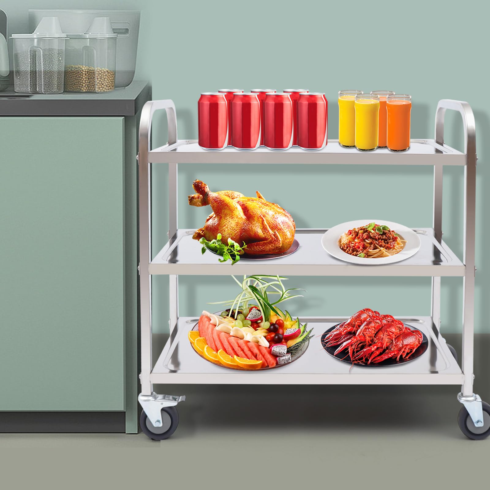 Carro de servicio de acero inoxidable con 3 bordes, carro de cocina con ruedas y frenos de estacionamiento, 4 ruedas, carro de servicio gastro con freno, 75 x 40 x 83,5 cm