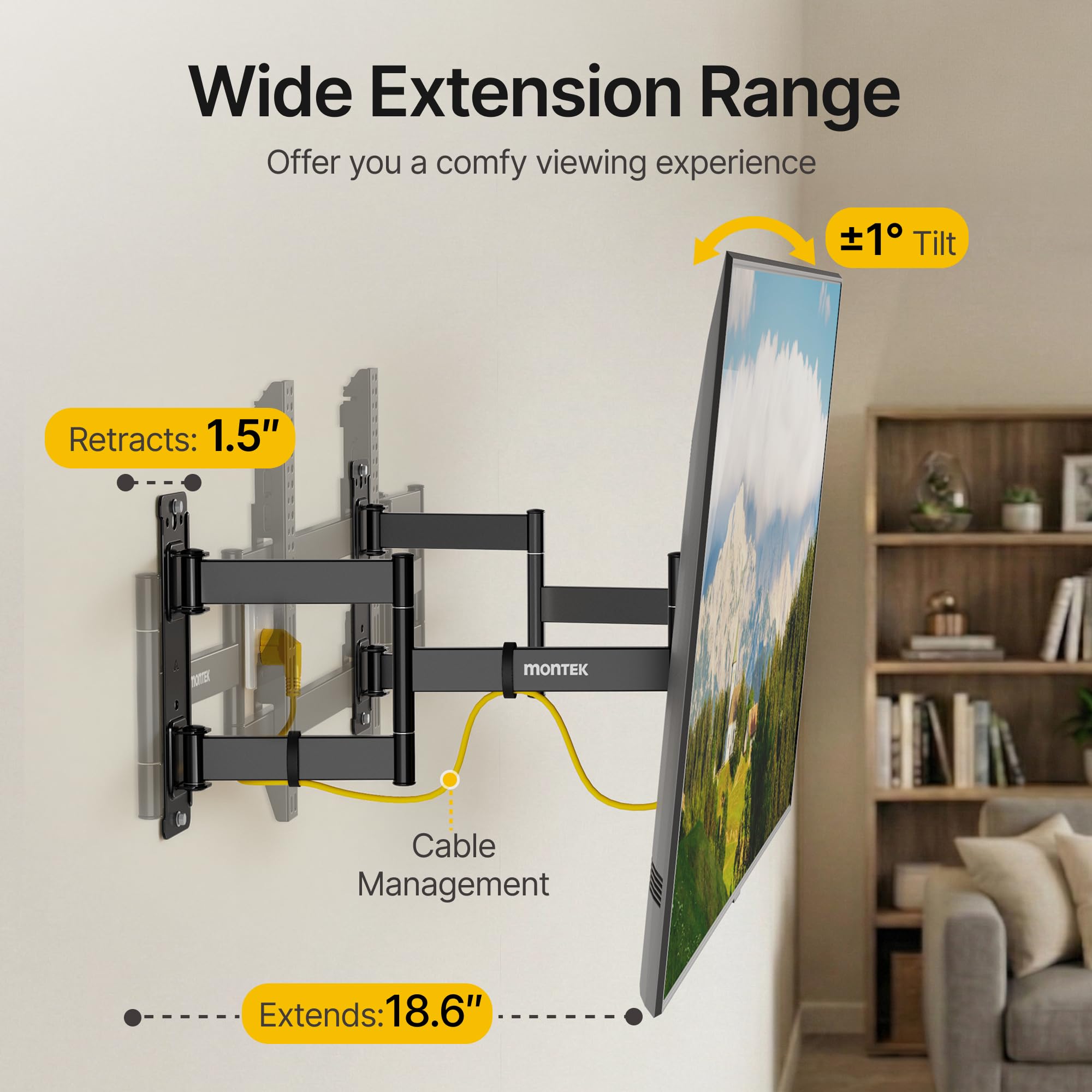 monTEK Soporte de pared de esquina de movimiento completo para televisores LCD LED de 55 a 90 pulgadas, soportes de pared resistentes con capacidad de peso de 175 libras, brazo de pared doble perfecto