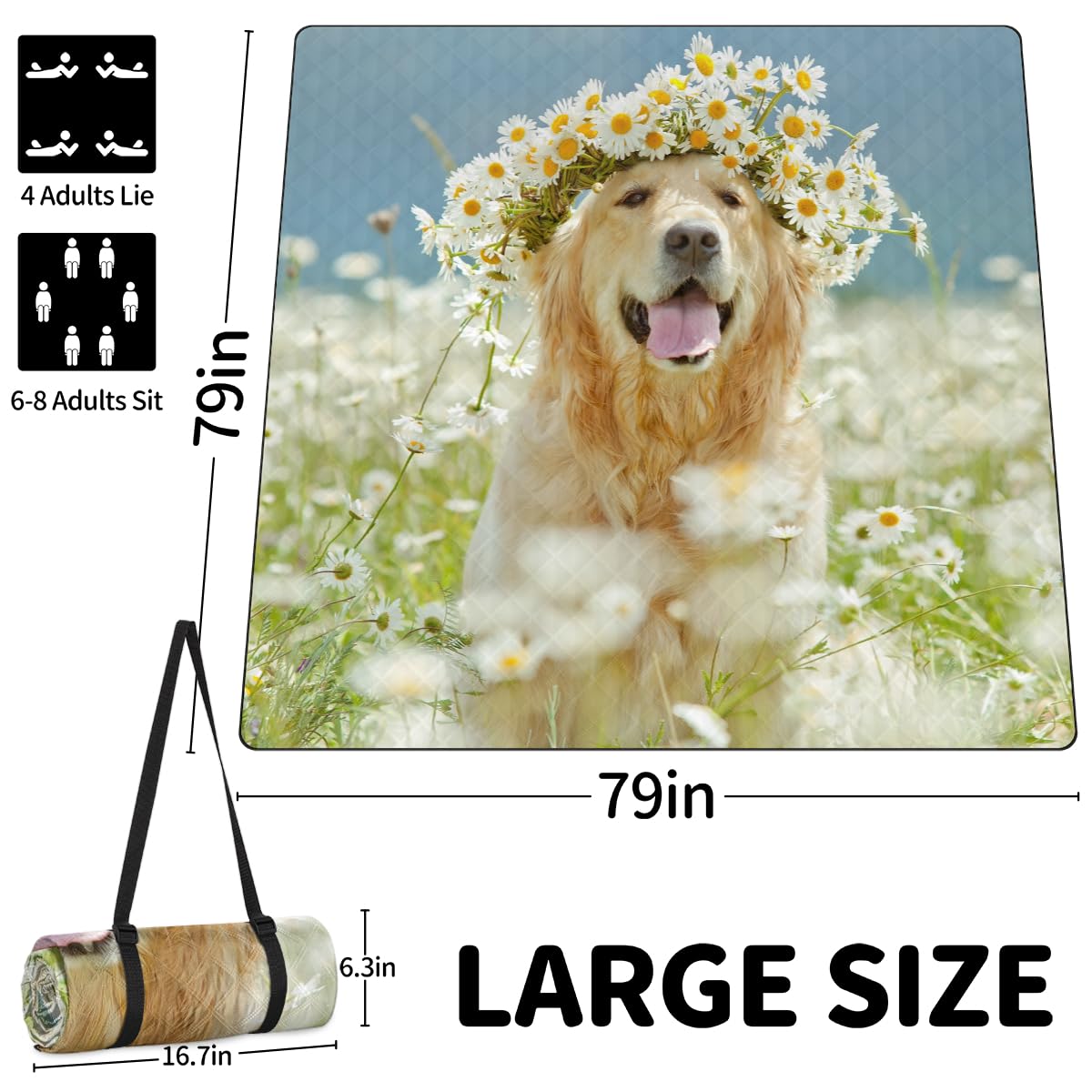 Shimoshe Extra Large Picnic Blankets 79”x 79”, Garden Dog Waterproof Foldable Picnic Mat with Straps Portable Beach Blanket for Camping Park Grass Beach Indoor