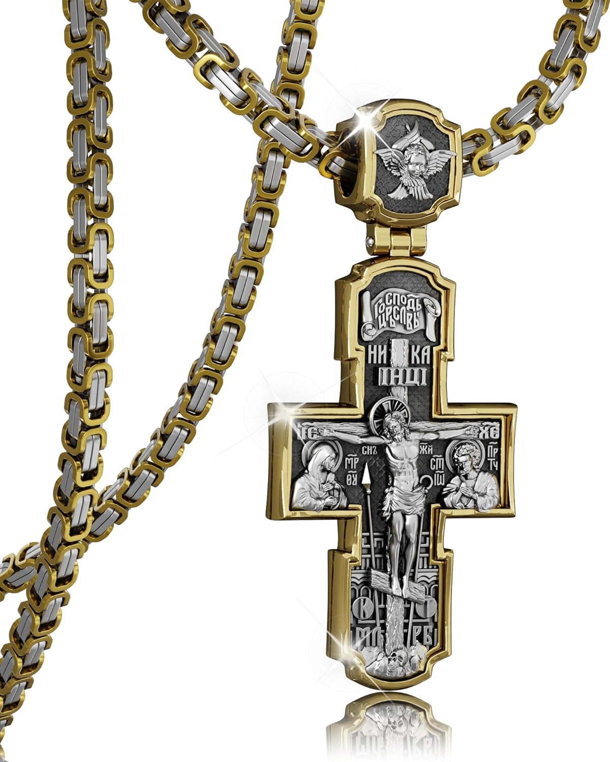 Orthodox Cross Necklace with Luxury Gift Box - High Detail Jesus&Saints Apostles Crucifix Pendant with Byzantine Chain, Antique Gold/Silver Tone, Religious Jewelry Gift
