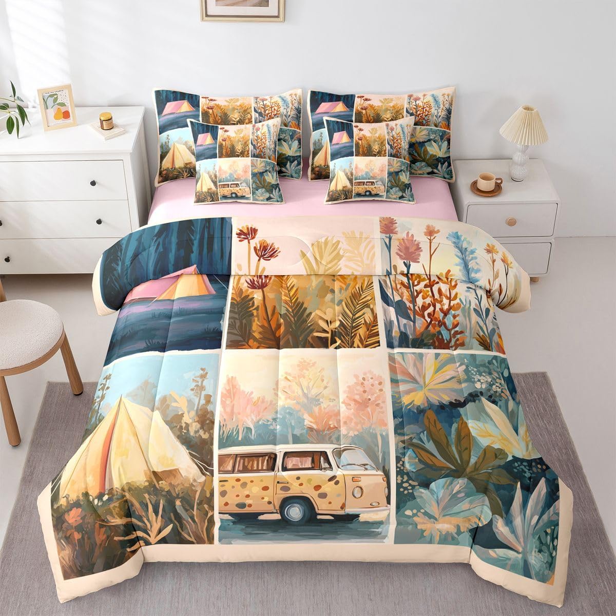 Castle Fairy Bohemian Camping 7 Pieces Bed Set Twin Size | Retro Camper RV Comforter Set with Sheets Boho Palm Botanical Sheet Set, Pillowcases & Pillow Covers Camping Tent Room Decor