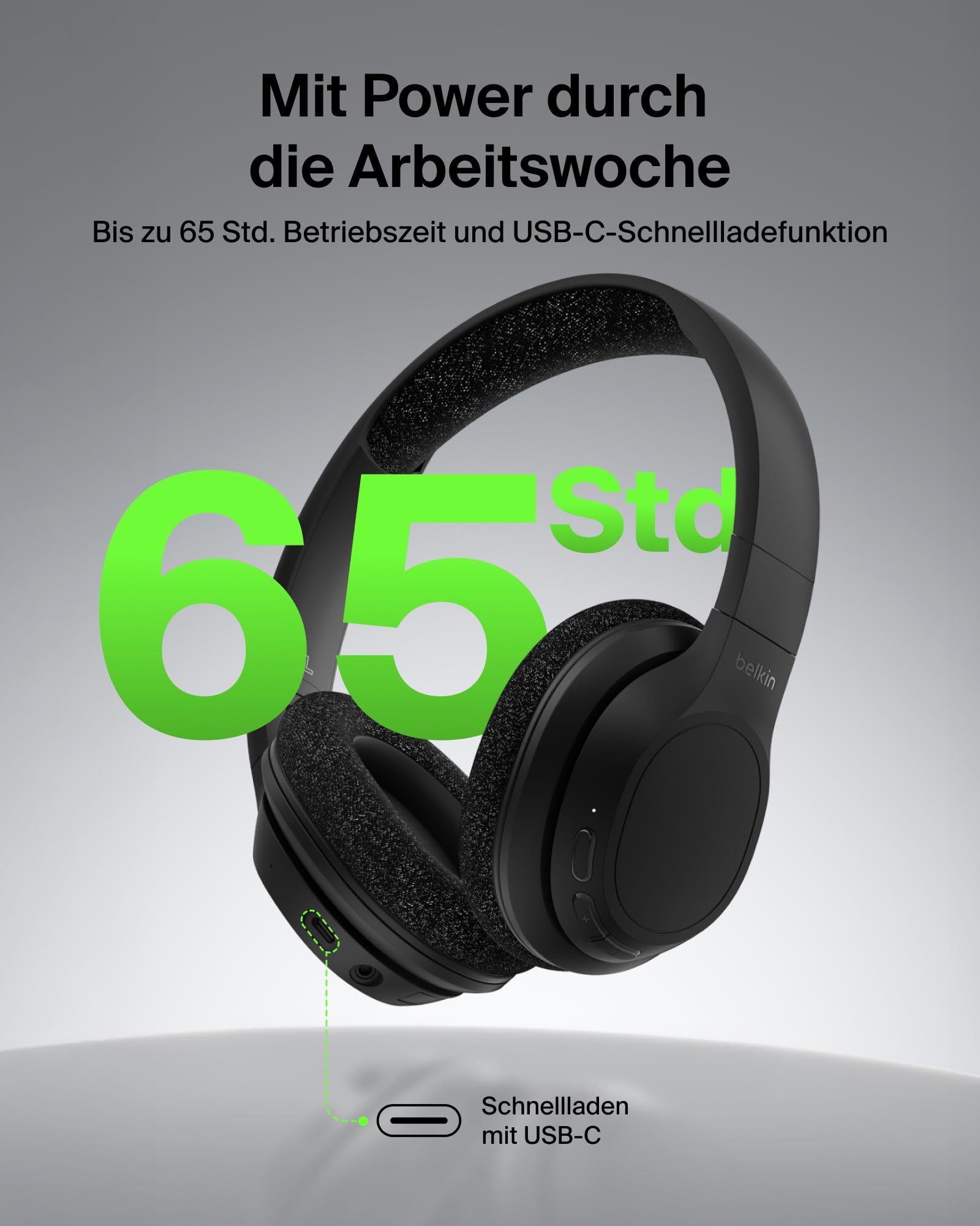 Belkin Soundform Adapt Over Ear Kopfhörer kabellos mit Mikrofon – Schwarz | Bluetooth 5.2, Integriertes Boom-Mikro, Multipoint-Verbindung, Noise Cancelling (ENC), 65h Akku, Schnellladen