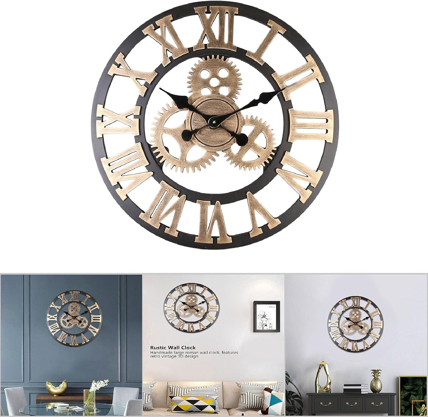 ZJchao Steampunk Clock, 3D Rustic Handmade Wall Clock Large Gear Wooden Vintage Decor Gearwheel Wall Clock Gear Clock with Roman Numbers Design for Living Room Office Bar (58cm)