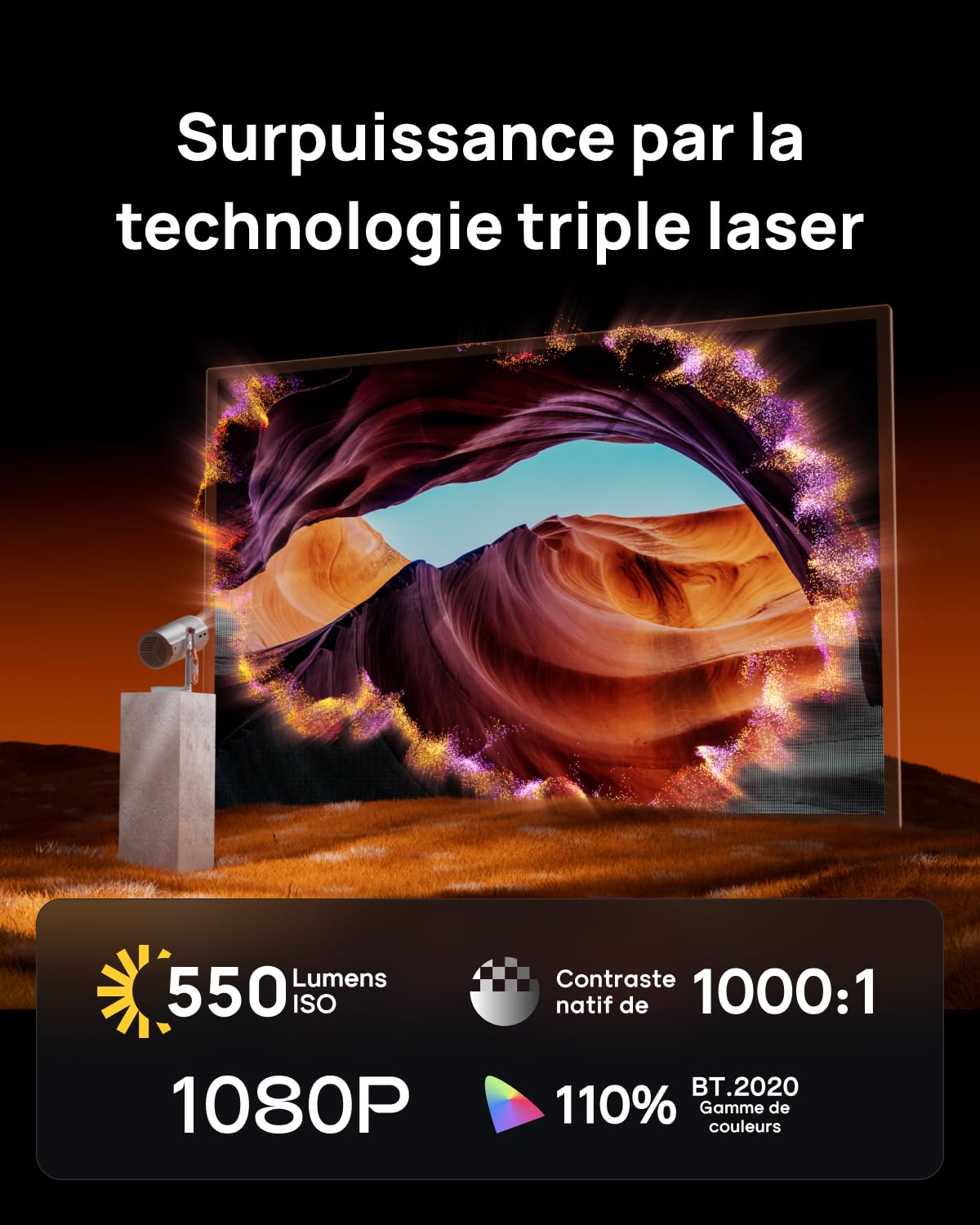 XGIMI MoGo 4 Laser Mini Videoprojecteur Portable (MoGo 4 Laser) | 1080p，550 ISO, Compatible avec Google TV, Netflix officiel, 360° rotation, 2.5h batterie, 2×6W Harman Kardon, 4 filtres