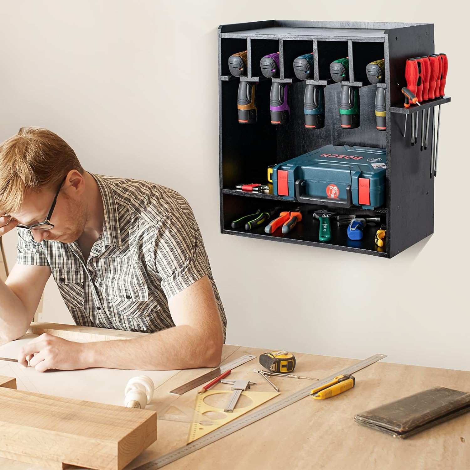 T-SIGN Large Power Tool Storage Organizer, Drill Charging Station, Wood Hanging Drill Storage Rack with 5 Drill Holder, Wall Mount Screwdriver Rack Organization for Workshop, Workbench, Black : Tools & Home Improvement