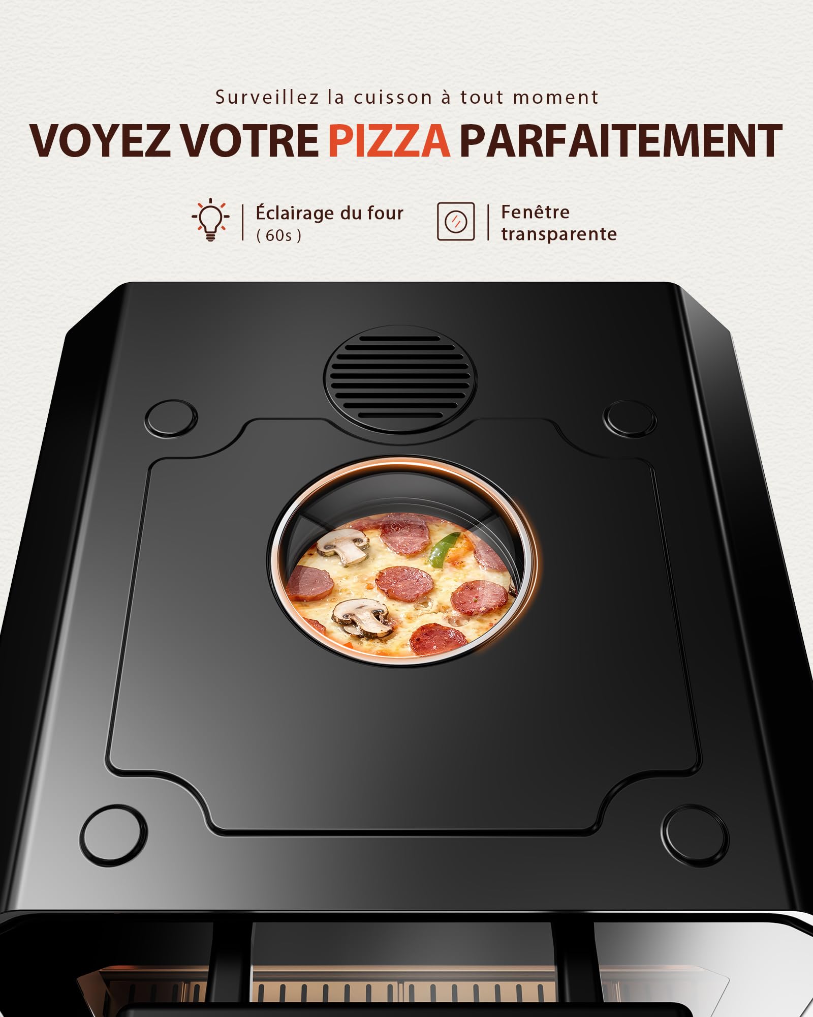 Electric Pizza Oven 842°F, Neapolitan Pizza in 90s, Double Window and Interior Lighting, 6 Pizza Programs and 6 Cooking Modes, Professional Mode, Stone, Scoop and Plate
