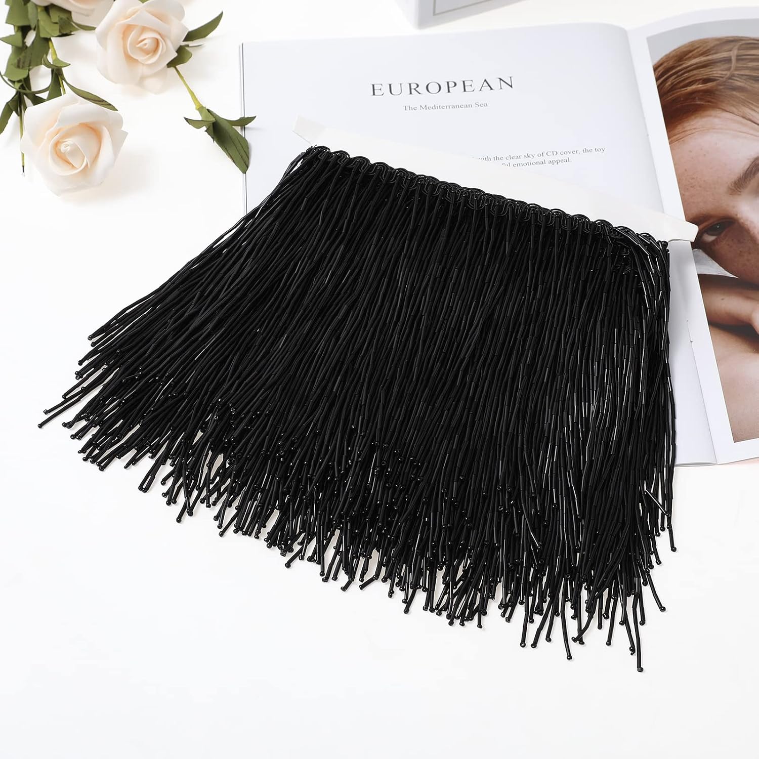 AWAYTR 1 Yard Beaded Fringe Trim - 6in Wide Glass Beaded Fringe for Dress Clothing and DIY Crafts (Black)