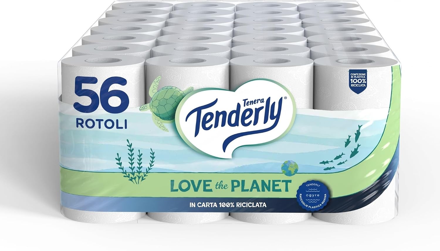Tenderly Love the Planet, 56 Rotoli di Carta Igienica (14 conf. da 4 rotoli), Cellulosa 100% Riciclata, Dermatologicamente Testato, Made in Italy
