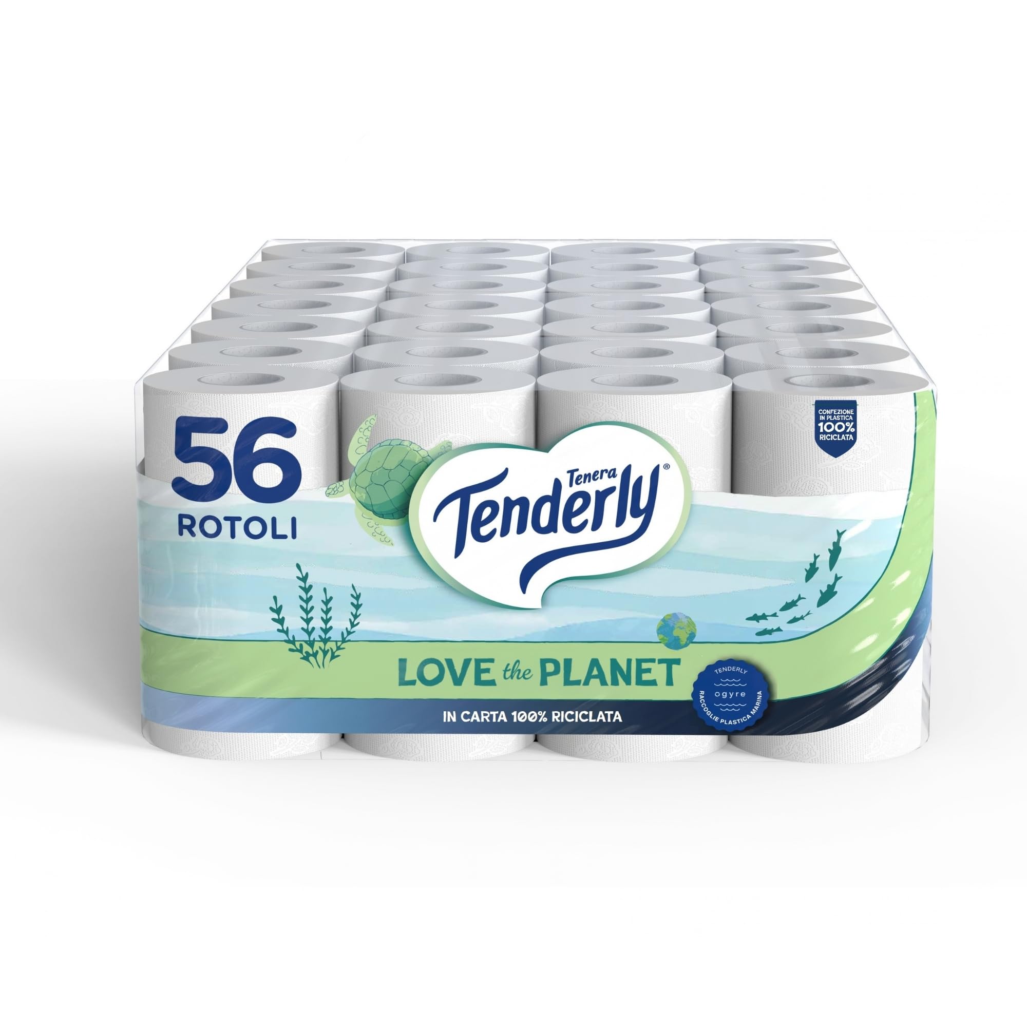 Tenderly Love the Planet, 56 Rotoli di Carta Igienica (14 conf. da 4 rotoli), Cellulosa 100% Riciclata, Dermatologicamente Testato, Made in Italy