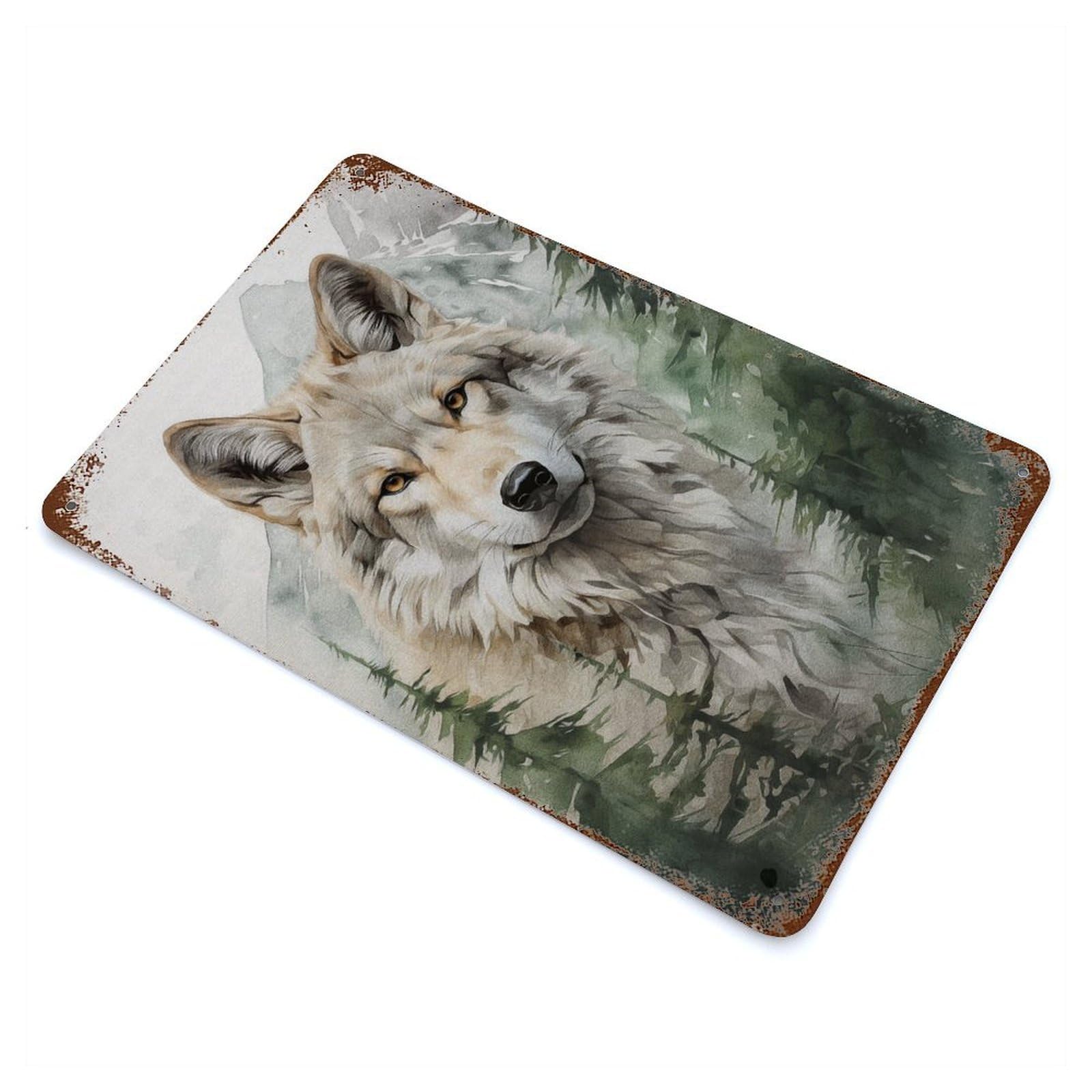 Rust Effect White Wolf Vintage Rust Metal Sign 11.8"x7.9", Classic Wall Plaque for Shed, Workshop And Garage Wall Decor
