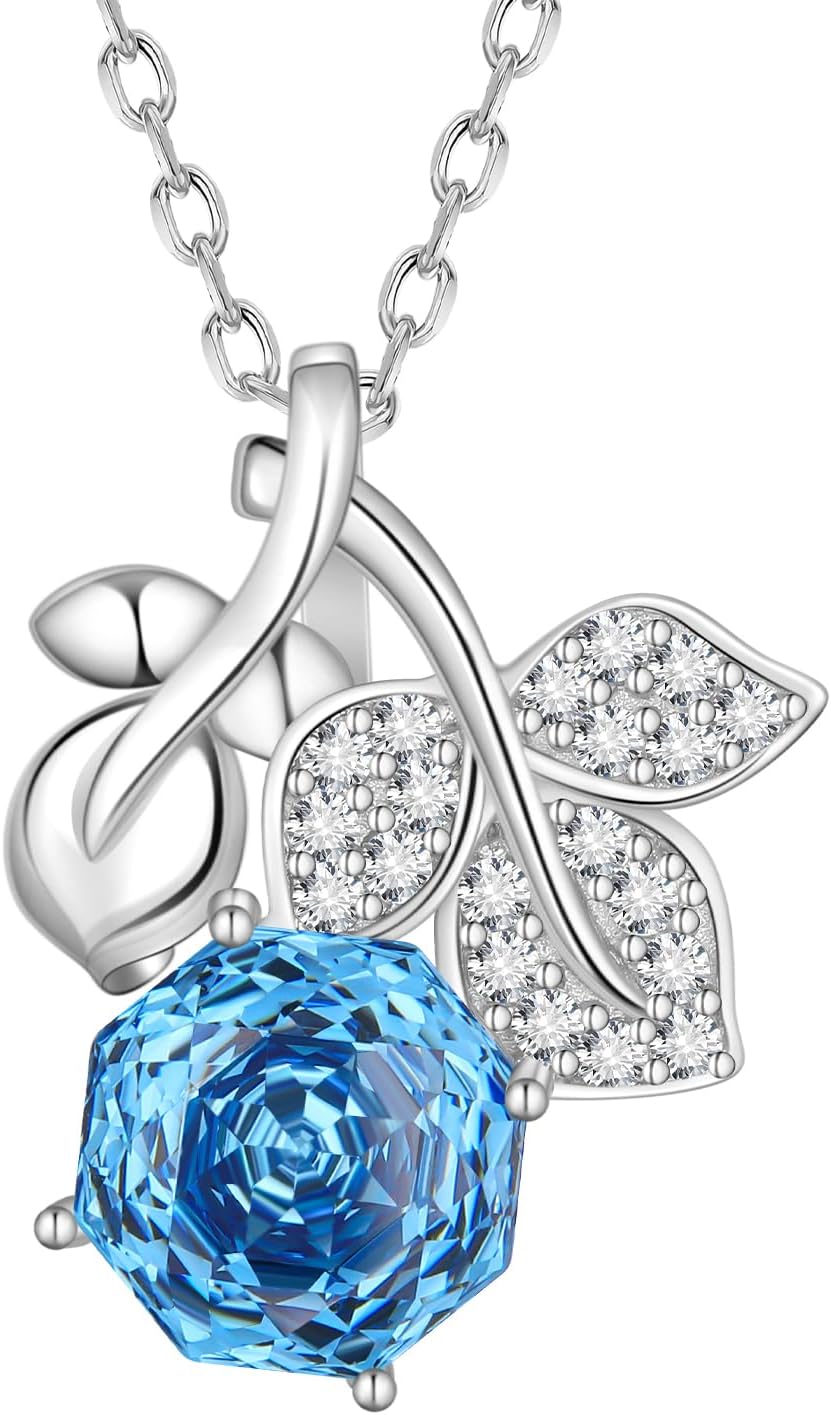 Aurora Tears Birthstone Rose Pendant Necklace - 925 Sterling Silver Rose Cut Cubic Zirconia Flower Leaf Necklace Anniversary Birthday Jewelry Gift for Women Wife Mom Daughter