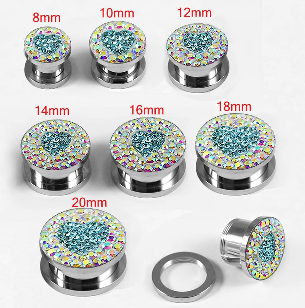 Aqumarine Heart on Rainbow Multi Crystal Stones 316L Surgical Steel Flesh Tunnel Ear Gauge Body Piercing Jewelry