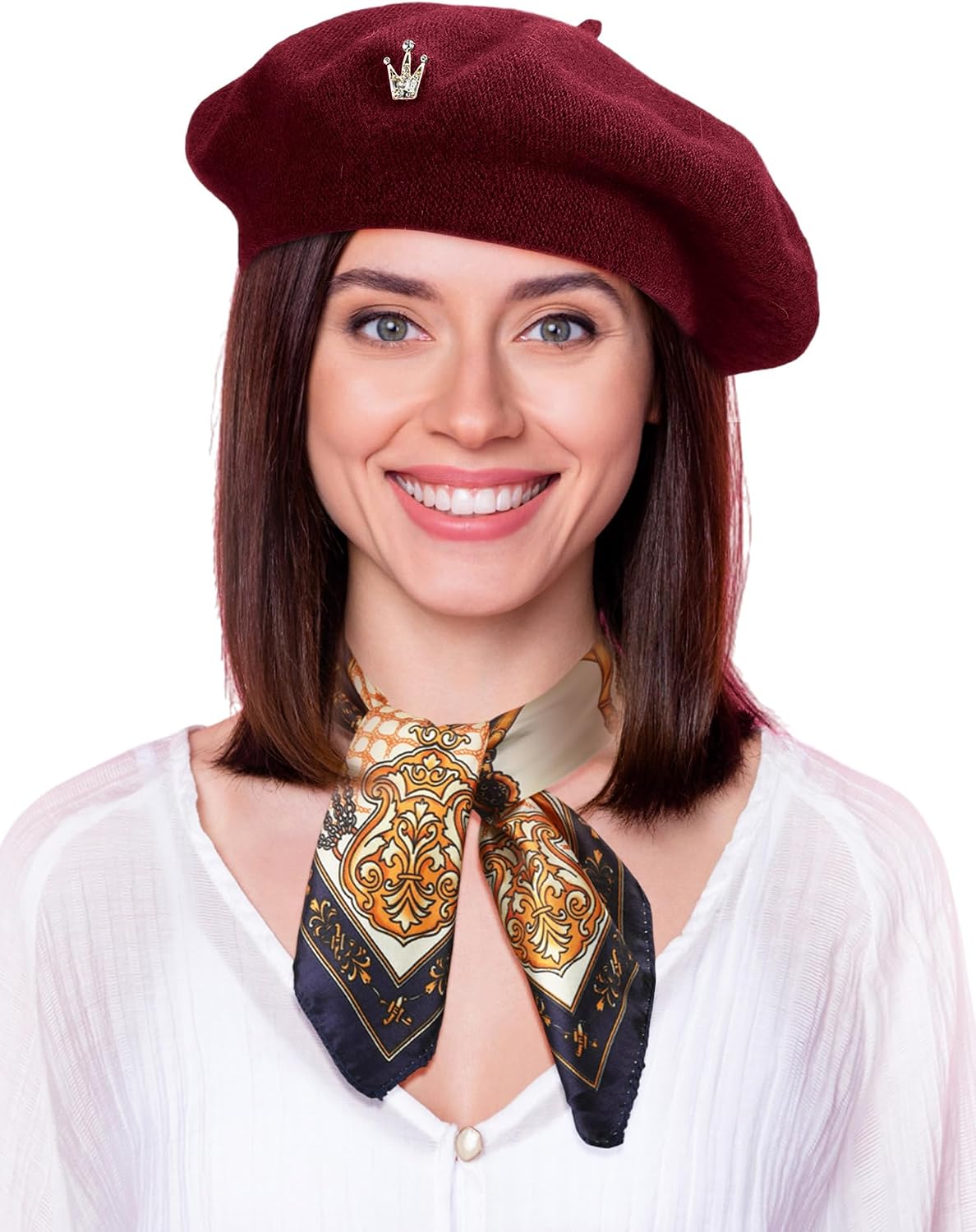 3 Pcs Beret Hats for Women French Wool Beret with Silk Scarf Brooch Paris Fashion Outfit for Girls