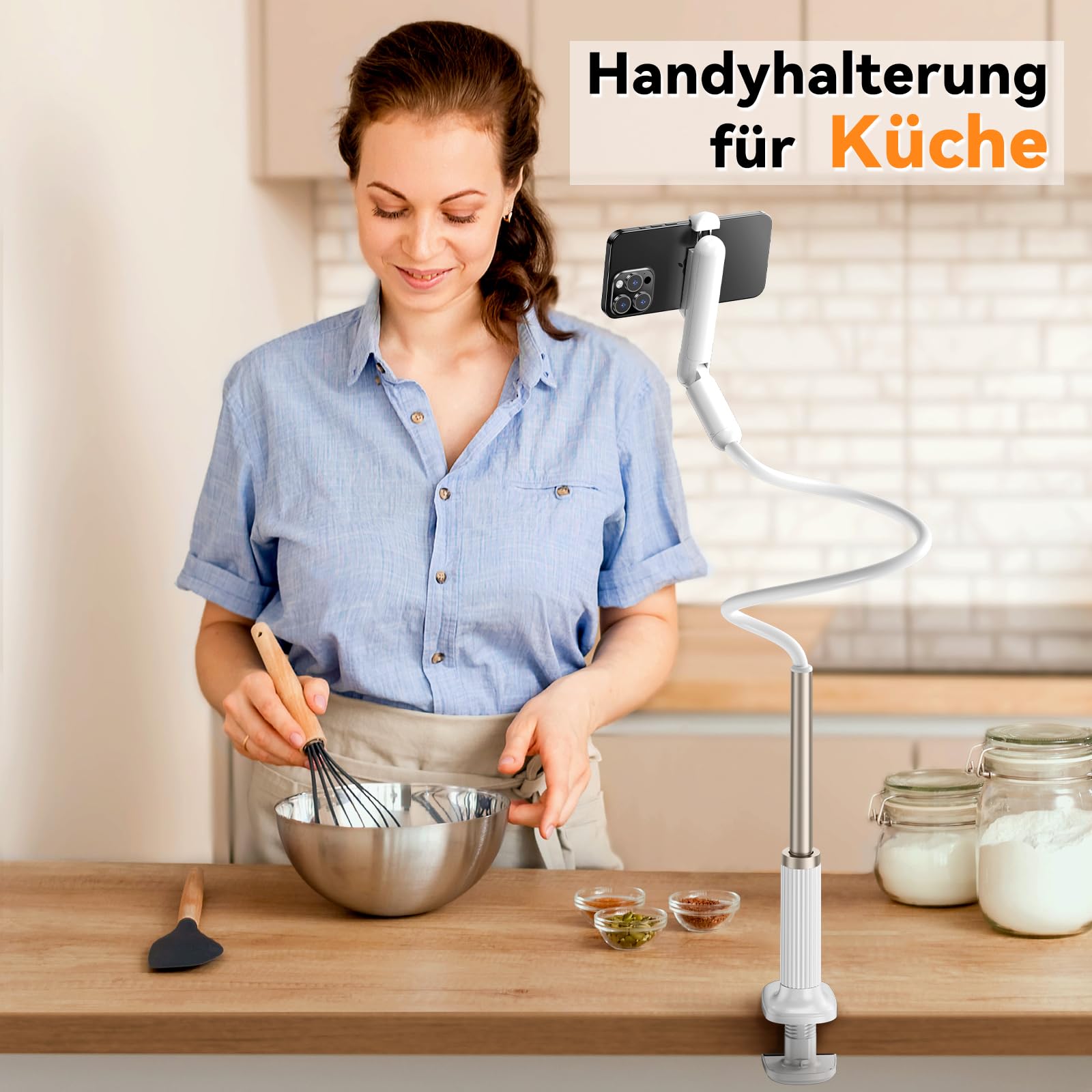 Schwanenhals Handyhalterung für Bett, Flexibler Handy Halterung Bett, Handyhalterung Langer Arm, mit 360°Drehbarer Mini Klemme, Kompatibel mit 4.7-6.8" Geräten (43.31" Langer Arm)