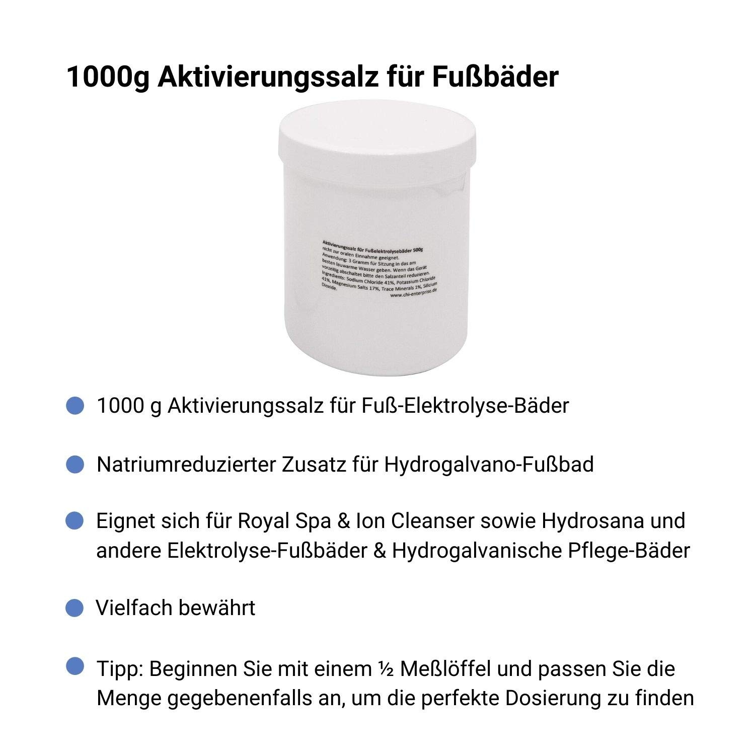 1000 g de sel activateur pour Hydrosana, Bioenergizer Detox Spa, Ion Cleanser, Royal Spa et autres bains de pieds - teneur réduite en sodium, enrichi en potassium et magnésium
