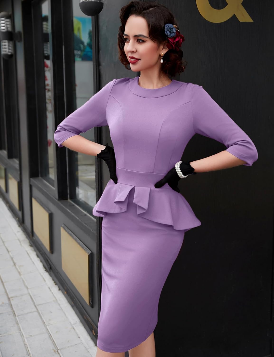 MUXXN Women's 1950s Vintage 3/4 Sleeves Ruffles Bodycon Flattering Casual Formal Pencil Dress - Image 3