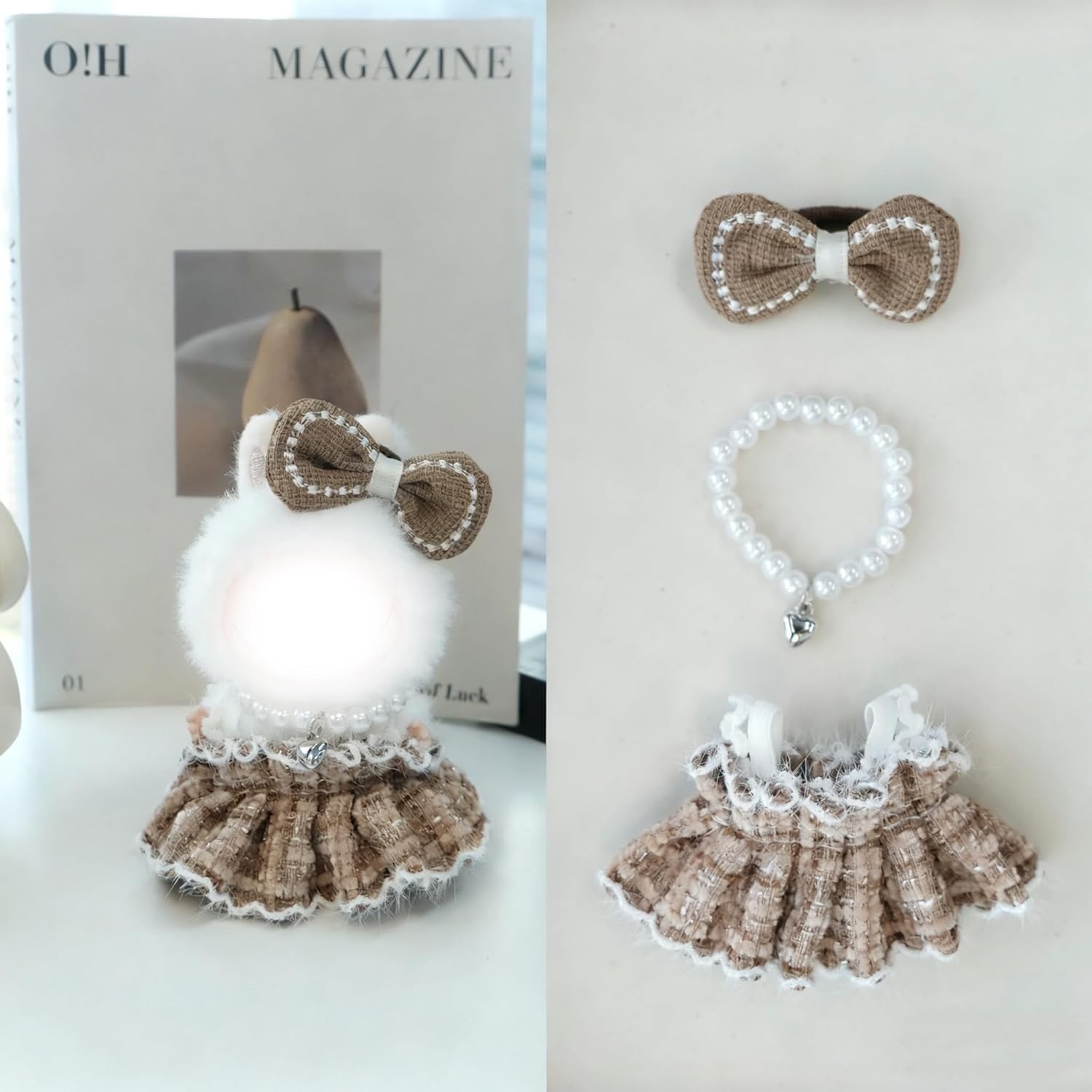 Clothes for 10cm Doll, 3 pcs Set 4.0 LBB 4 INCH Doll's Outfits Luxury Bow Headband Skirt Pearl Necklace Crochet Accessories Stylish Adorable Small Clothes (No Doll) (Skirt Coffee)