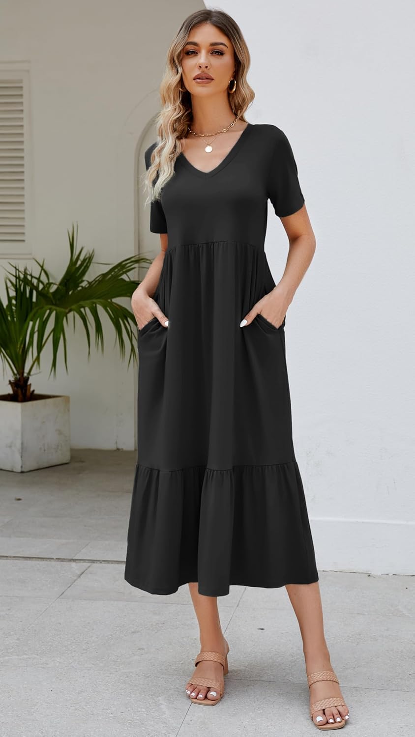 Women's 2026 Summer Short Sleeve V Neck Swing Dress Flowy Tiered Maxi Beach Sundress with Pockets - Image 4