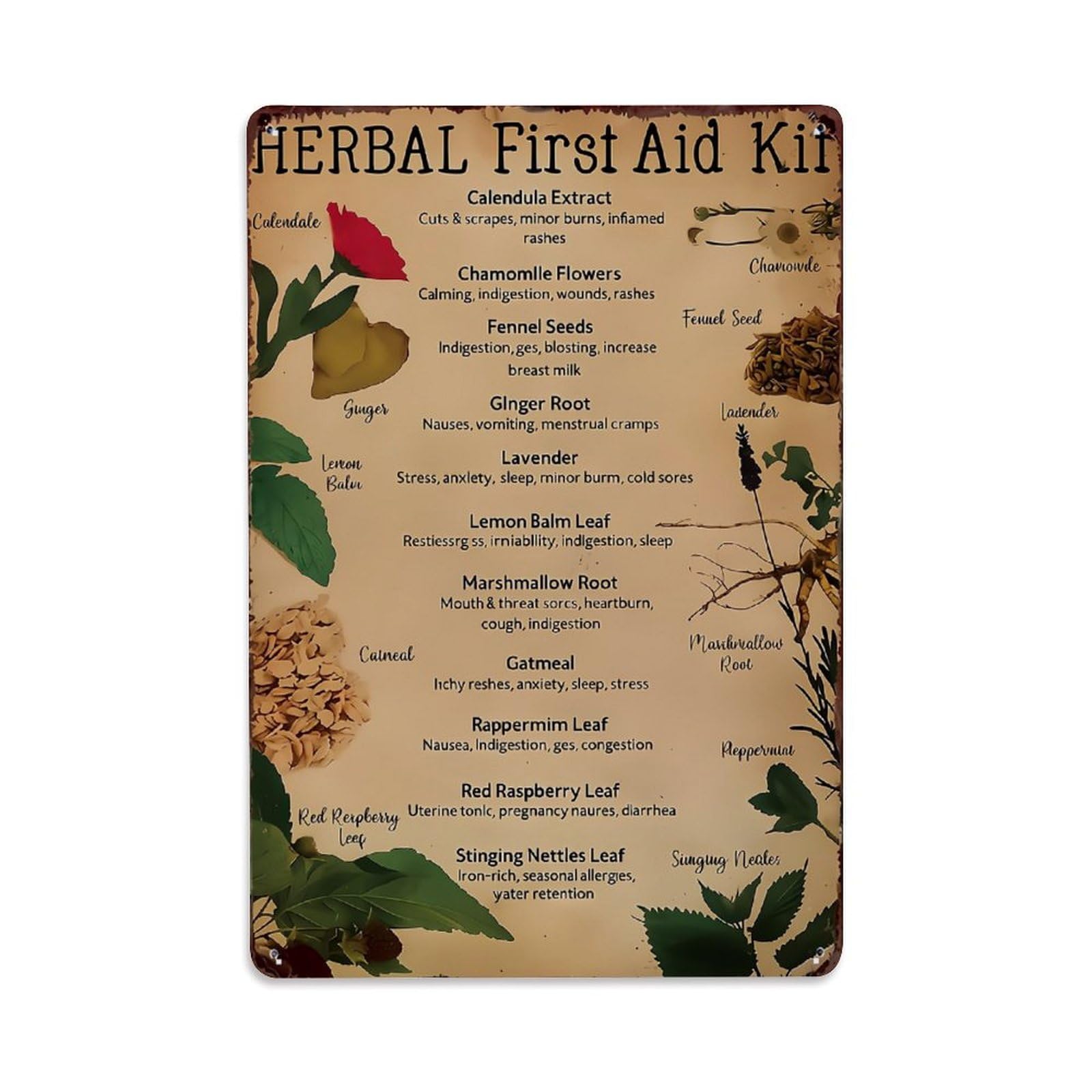 Jdfenggu Vintage Herbal First Aid Kit Pattern Print Retro Metal Tin Sign, Decor Art Poster For Bar, Home, Man Cave, Kitchen, Laundry Room Gift 8X12inch