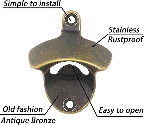 Miniatura 2 de Abrebotellas montado en la pared, bronce antiguo, abridor de tapa de cerveza montable, acero inoxidable (paquete de 1)