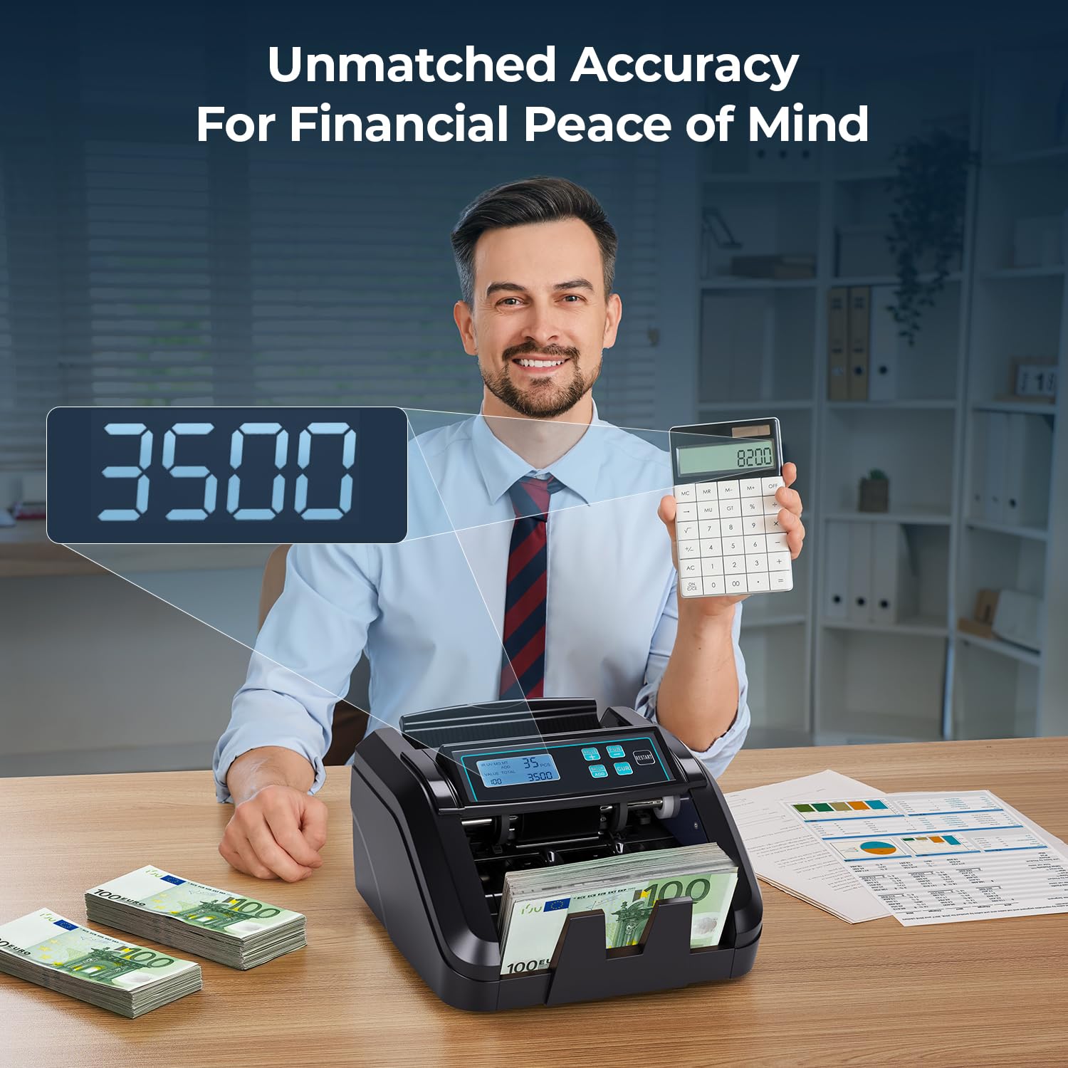 MUNBYN IMC51 Contadora de Billetes, Detección UV/MG/IR/MT, Solo EUR, 1100 Billetes/min, Contadora de Dinero con Pantalla LCD, 2 años de garantía, No cuenta montos mixtos