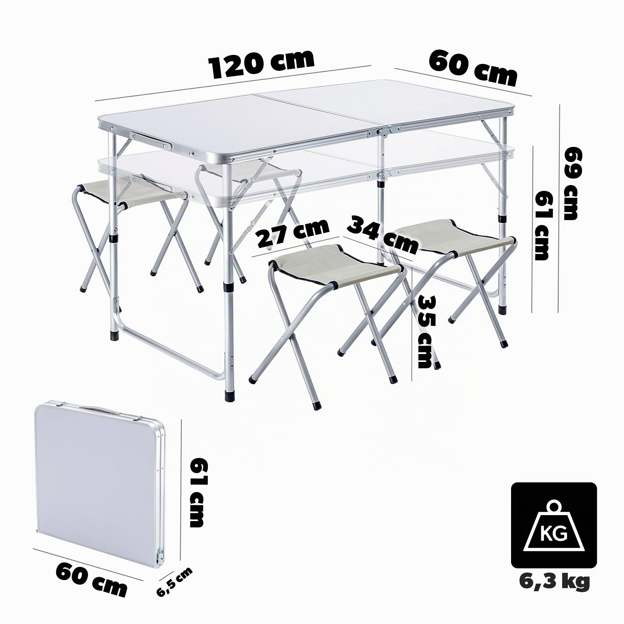 KADAX Juego de Muebles de Camping: Mesa Plegable Con 4 Sillones Ajustables en Altura, Multifunción (Plata y Blanco)