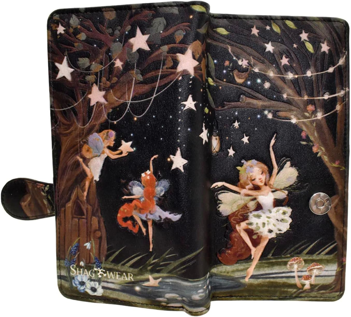 Shag Wear Fairy Forest Large Women’s Wallet, Vegan Faux Leather Bifold with Card Slots, Bill Compartments and Secure Snap Closure in Black 7"