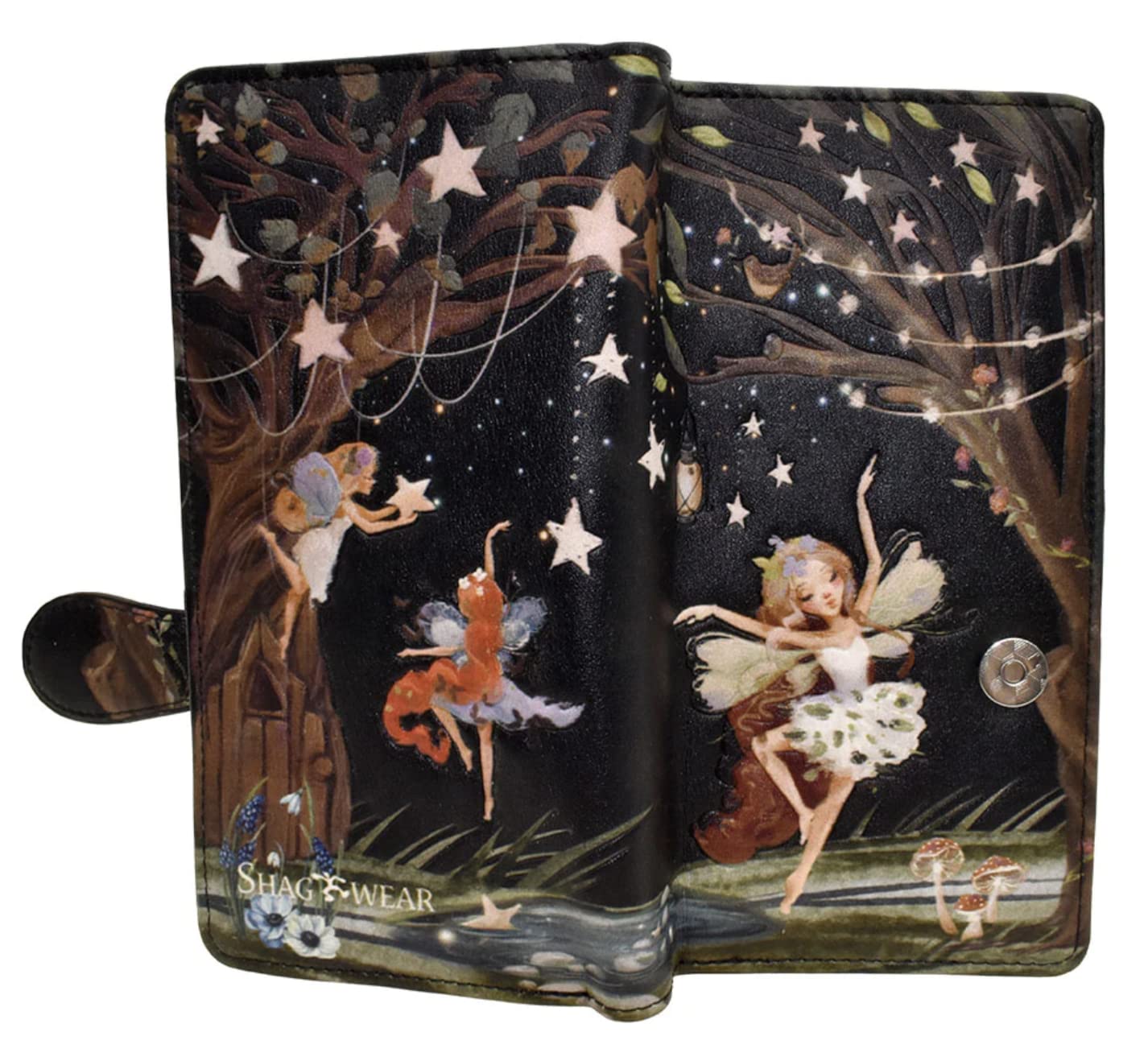 Shag Wear Fairy Forest Große Damengeldbörse, veganes Kunstleder Bifold mit Kartenfächern, Geldscheinfächern und sicherem Schnappverschluss in Schwarz 17,8 cm
