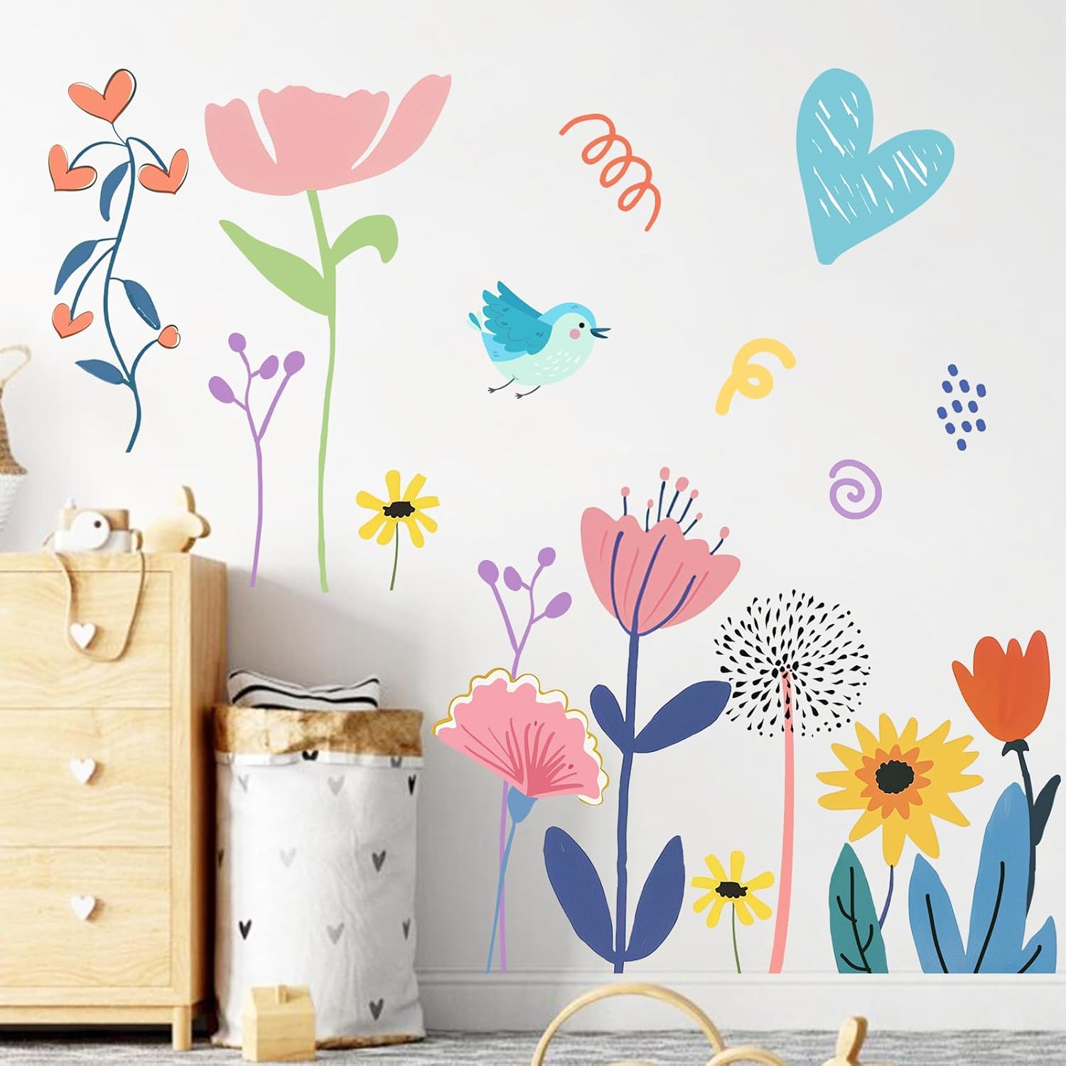 Mfault Abstract Floral Bird Wall Decals Stickers, Boho Colorful Flower Love Heart Nursery Decorations Kids Bedroom Art, Spring Summer Sunflower Dandelion Kids Room Playroom Classroom Decor