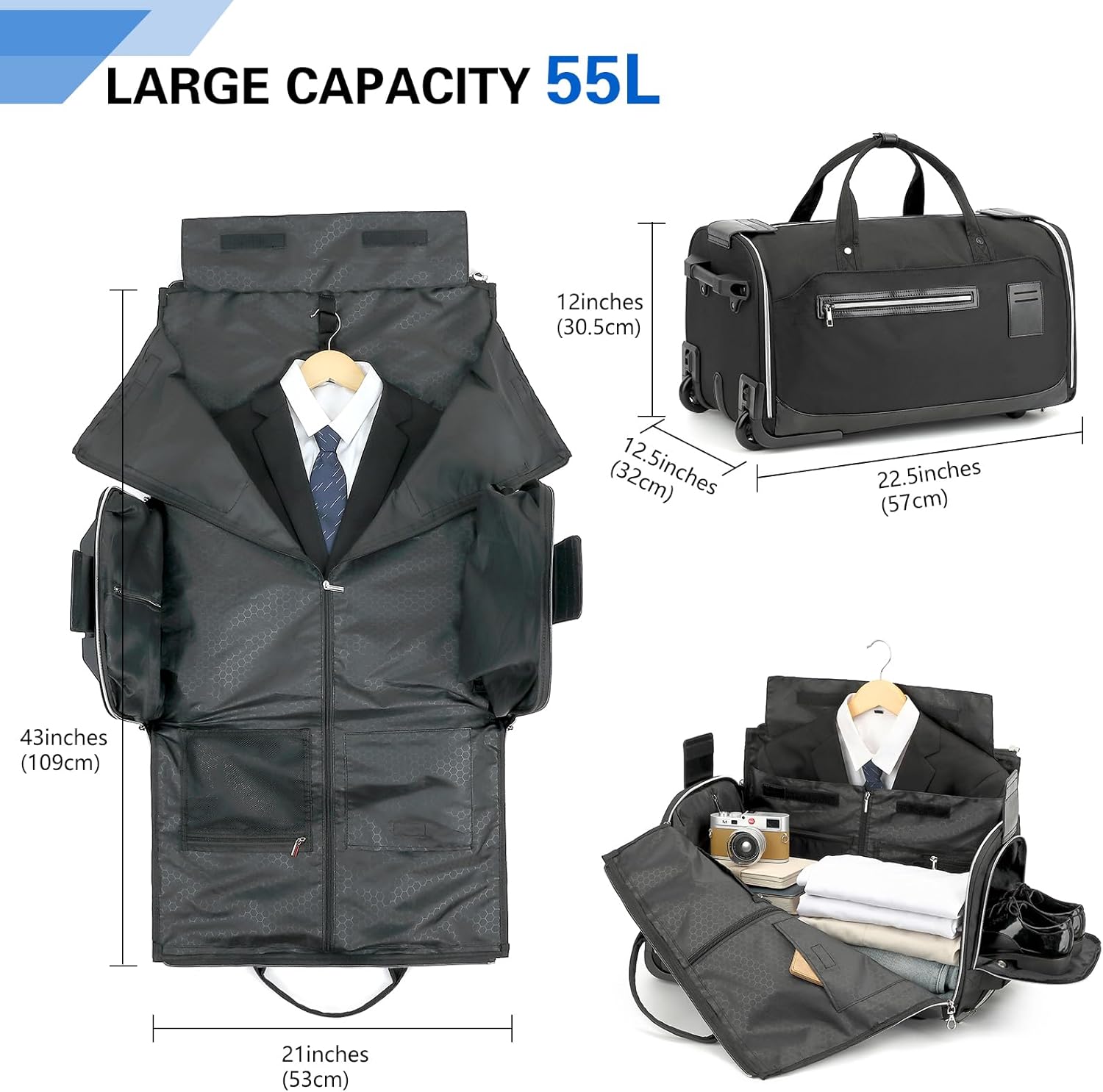 Rolling Garment Bag for Travel, 55L Garment Duffle Bags with Wheels Handle Suit Bag for Men Women Convertible Duffel Luggage with Shoes Compartment & Wet Pocket for Business Wedding, Black