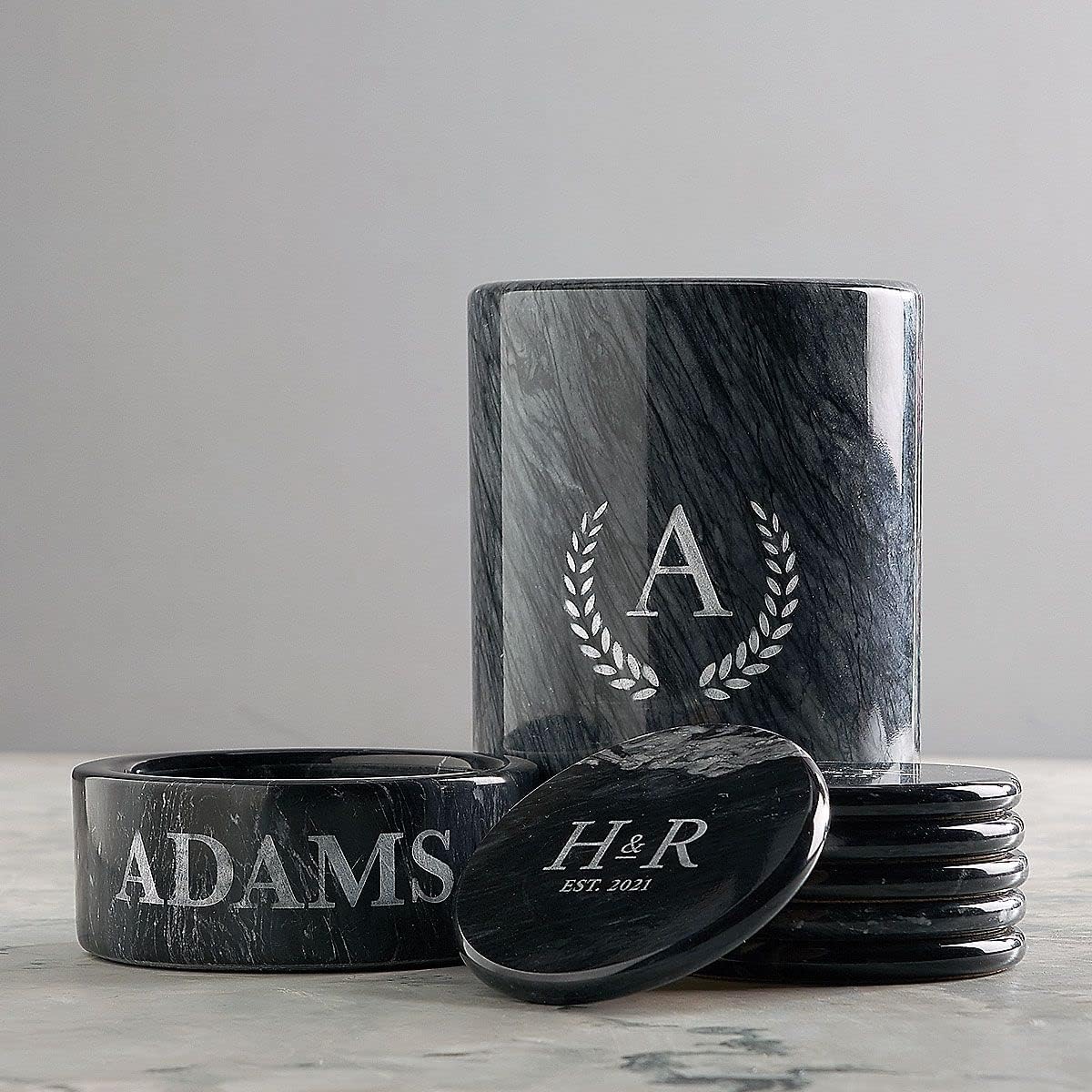 Personalized Black Marble Luxe Wine Bottle Coaster - Black Marble Wine Bottle Holder with Padded No Slip Bottom