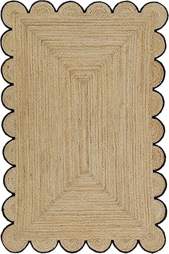 Alfombra de yute hecha a mano, color beige con borde negro festoneado, rectangular, tejida a mano, alfombra de yute para granja (2 x 10 pies)