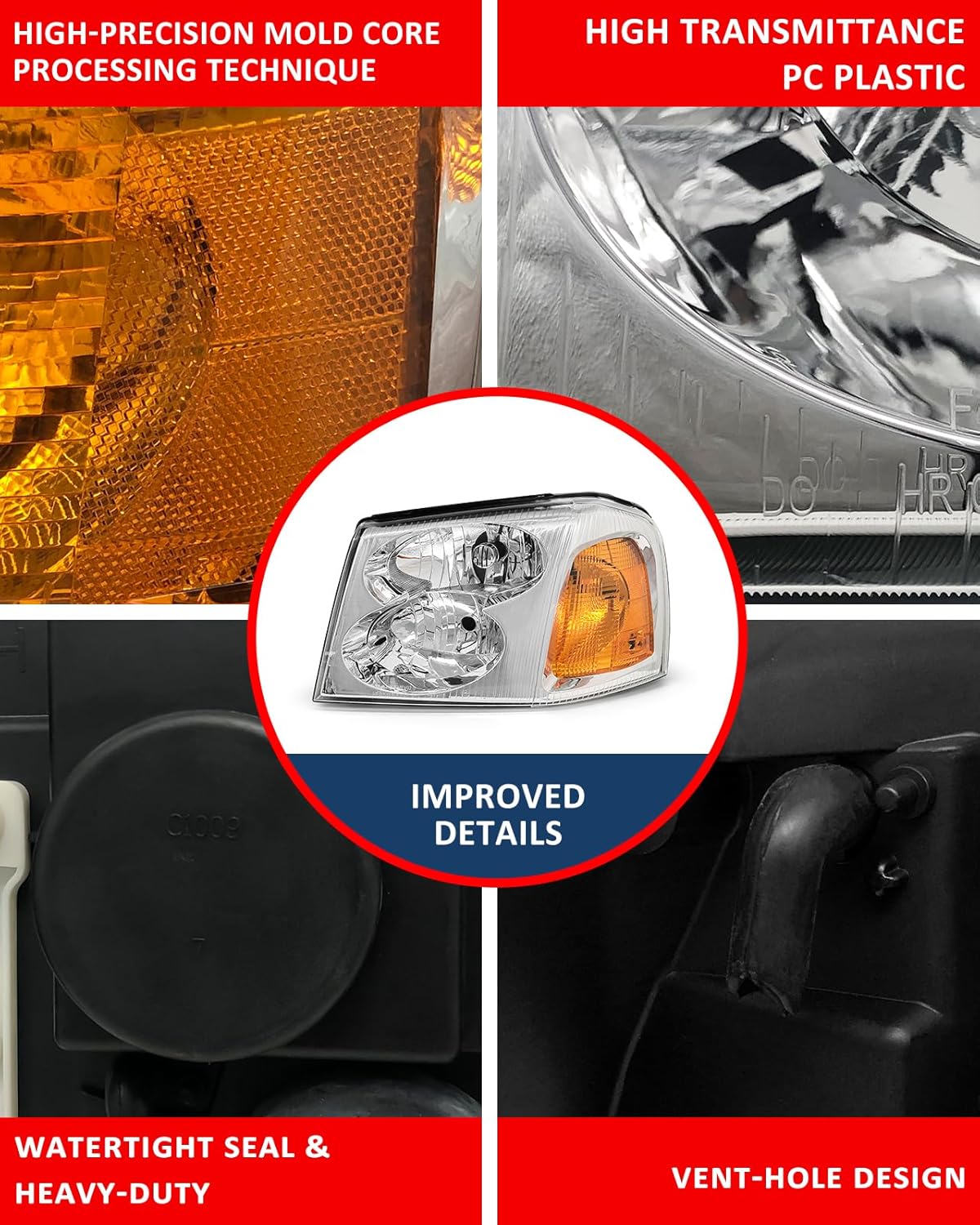 Headlight Assembly for Gmc 02 03 04 05 06 07 08 09 Envoy Headlight fit 2002-2009 Gmc Envoy Headlamp Amber Clear Lens Chrome Housing with Reflector Replacement Left + Right（W/O Bulbs）