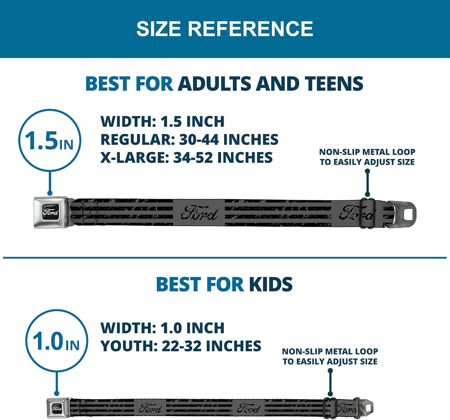 Buckle-Down Ford Belt, Seatbelt Buckle Belt, Ford Script Stripe Blocks Weathered Gray Black, Mens Womens Kids Adjustable