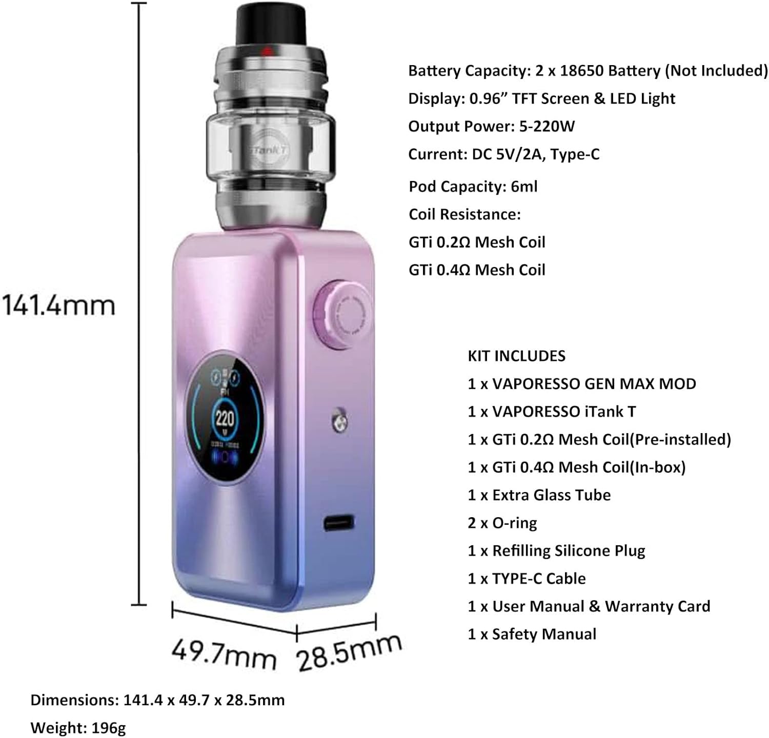 Vaporesso GEN MAX Mod with open battery compartment showing 18650 battery slots