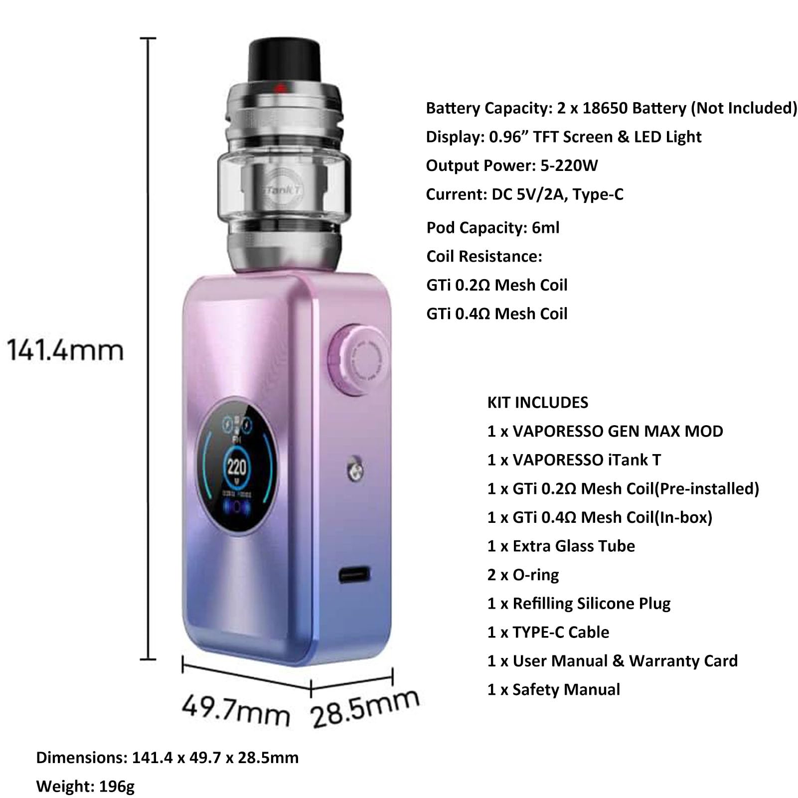 Vaporesso GEN MAX Kit | 220W Vaporesso GEN MAX Mod -Vape DL - 6ml Auto-Open Top iTank T Clearomizer Fit GTI Mesh Coil (Gti 0.2Ω/ 0.4Ω) E Cigarette Vaporizer No Nicotine No Liquid (Blu ghiaccio)