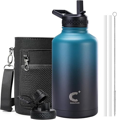 Vista 12 de Coolplus Botella de agua de 32 onzas aislada, frasco de agua de acero inoxidable con pajilla, de metal de doble pared al vacío con funda de Negro