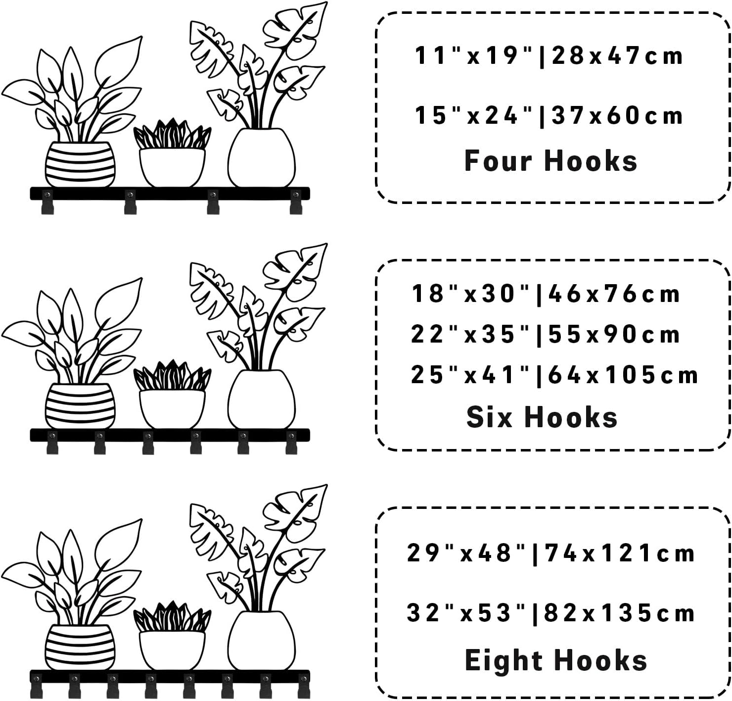 Metal Planter Coat Rack, Rustic Vase Wall Mounted, Botanical Flower Wall Mounted, Flower Key Hat Clothes Hooks, Nature Home Decor (Black, 11"x19"|28x47cm)