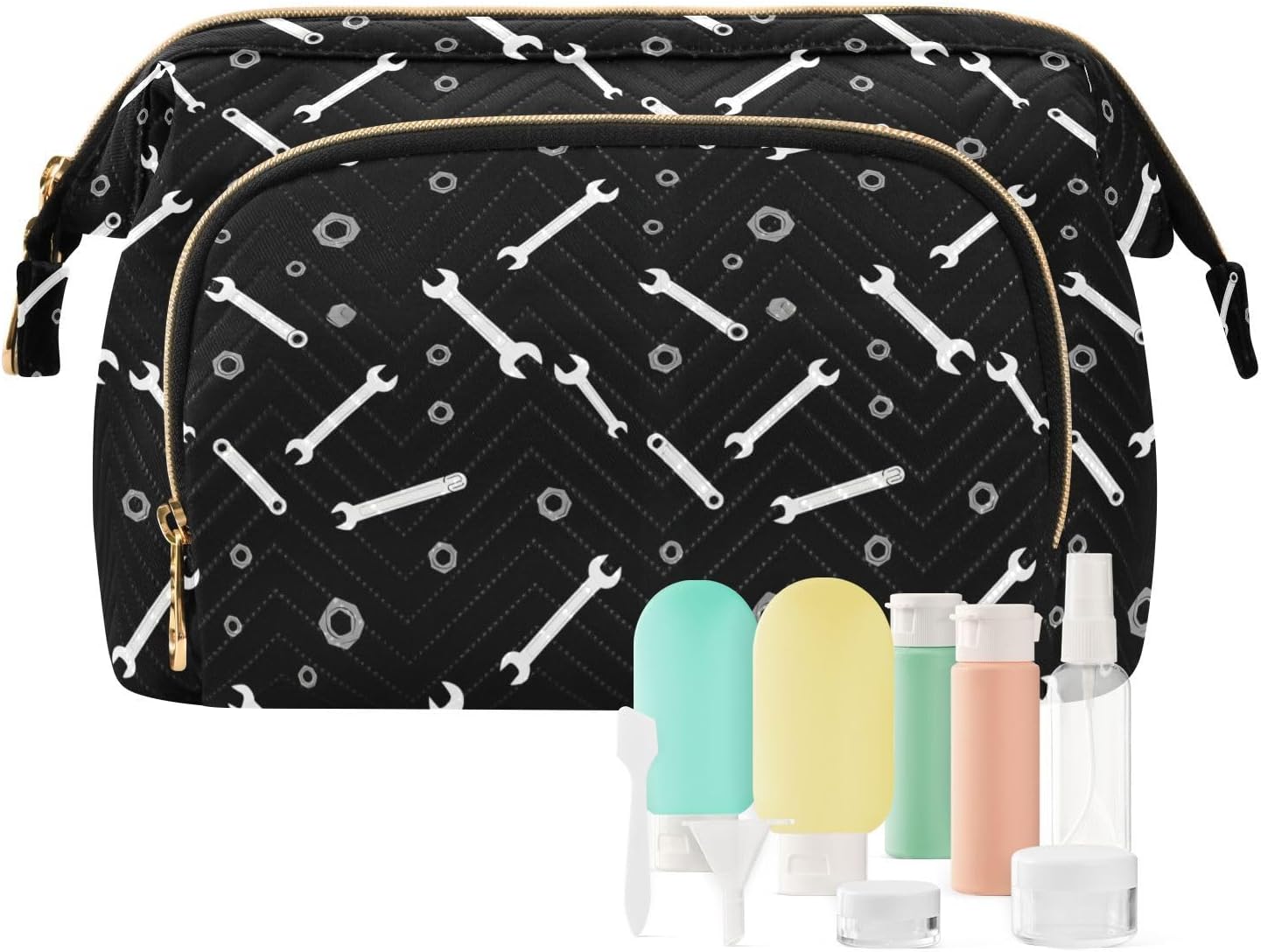 VIGTRO Wrenches Bolts Nuts Tools Black Makeup Bag Quilted Toiletry Bag Wide Open Cosmetic Bag with Bottles Kit Large Capacity Travel Organizer Pouch for Women