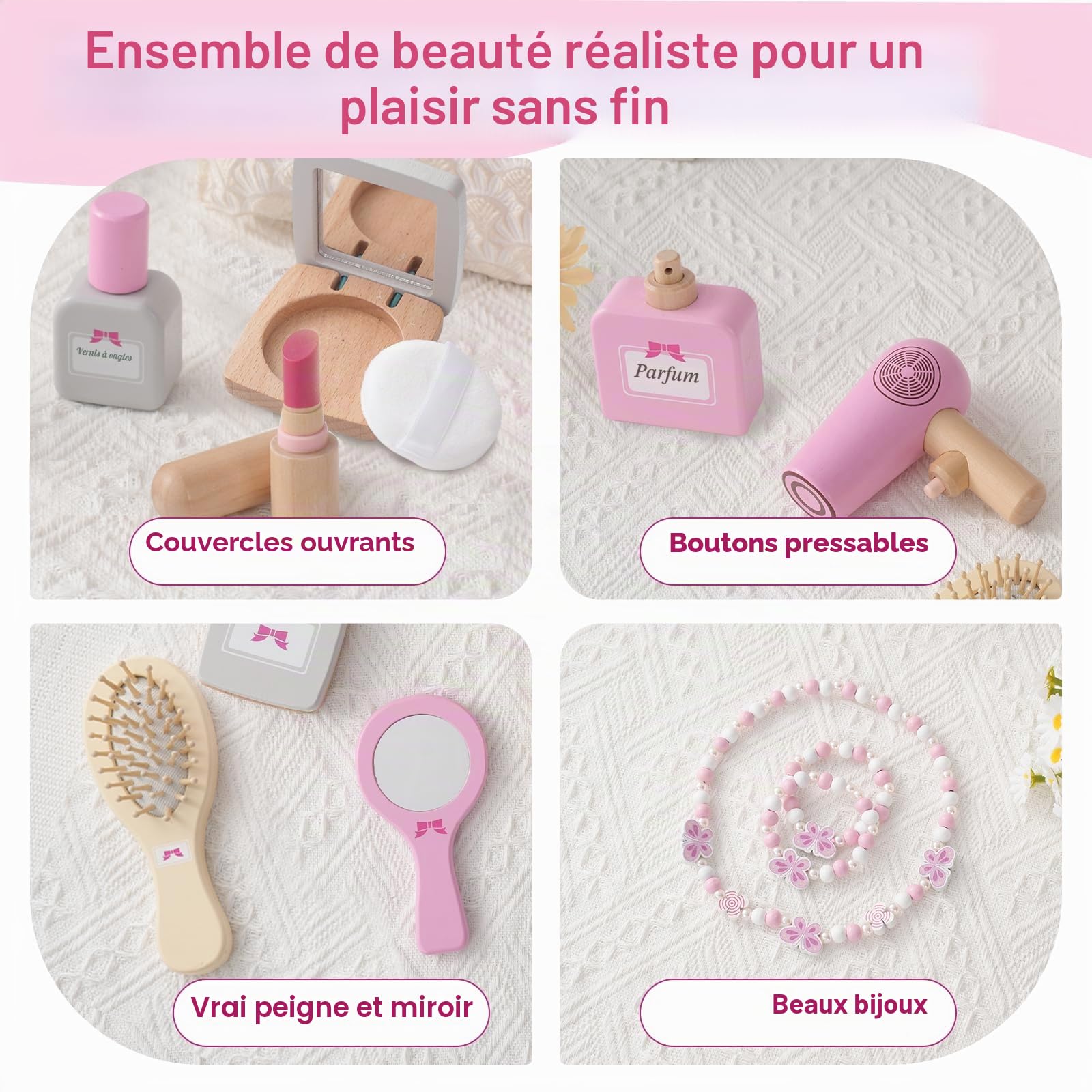 Jouets de Maquillage Kit pour Enfants, Faux Maquillage Enfant Fille, Coiffure en Bois pour Jeux de Rôle, pour Les Anniversaires et Noël des Enfants de 3 4 Ans.
