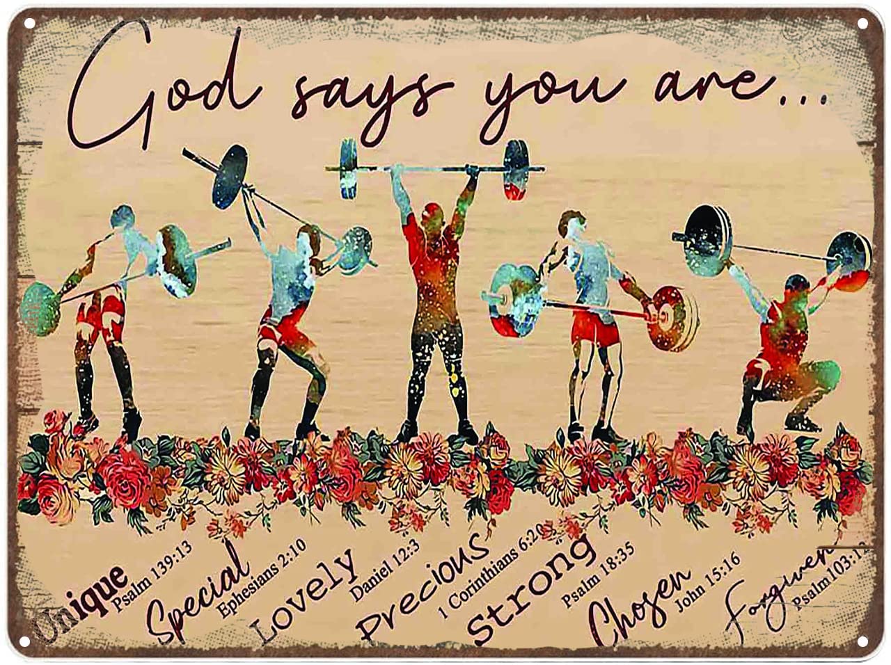 Xiddxu Vintage Wall Metal Poster Weightlifting Fitness God God Says You Are Unique Special Lovely Precious Strong Chosen Forgiven Bar Cafe Pub Club Wall Decor Retro Vintage 8X12 Inch