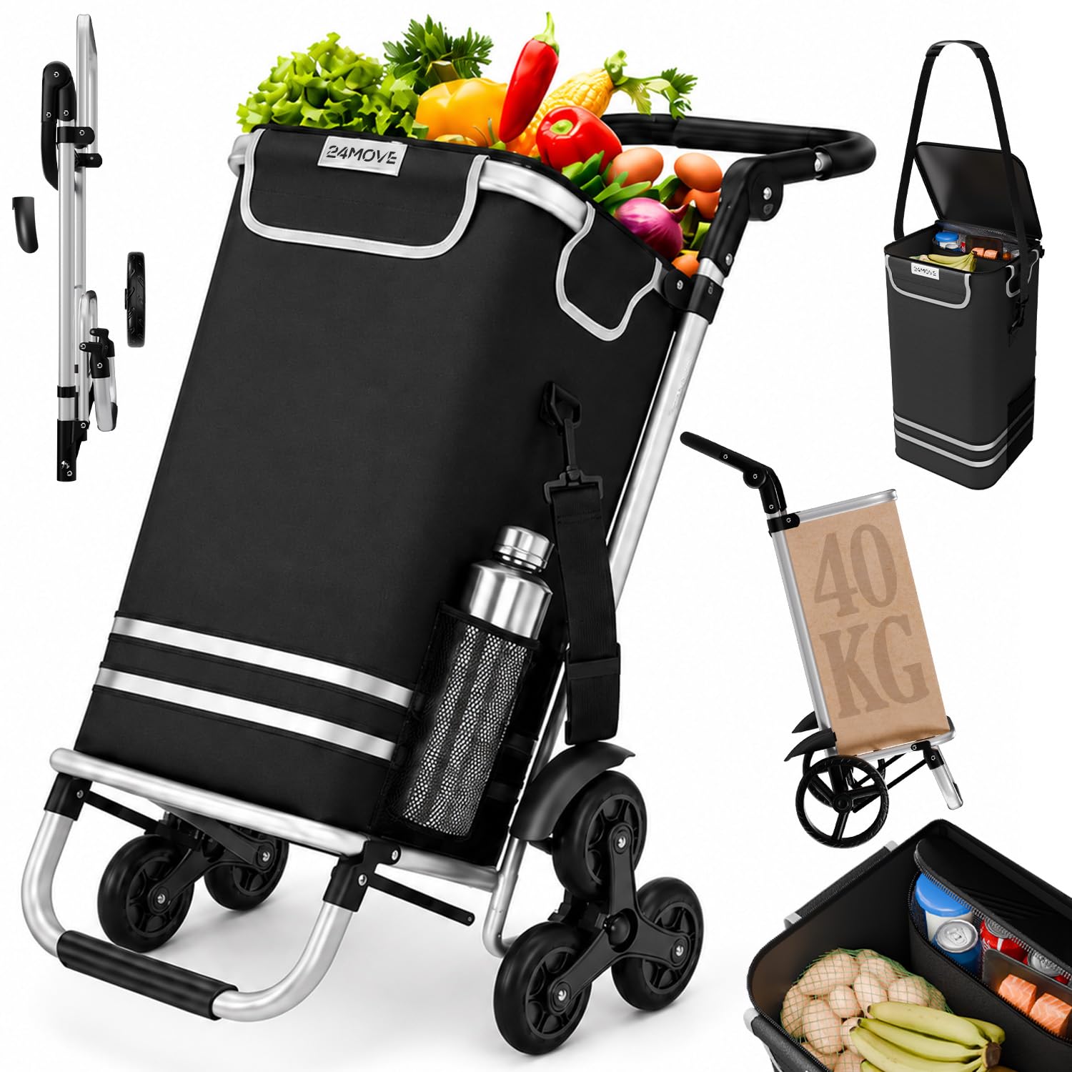 24MOVE® Einkaufstrolley Vehlo – klappbar, 55L inkl. Kühlfach, 3in1 Trolley, bis 30 kg, schwarz