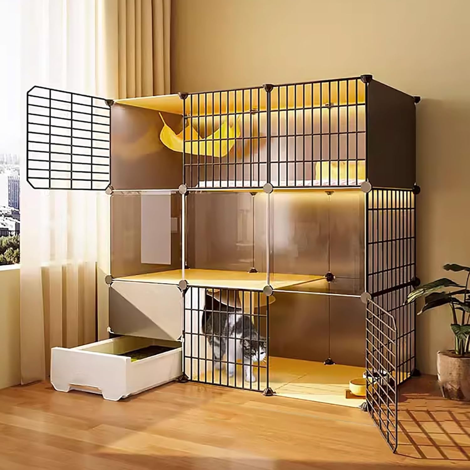 Indoor Cat Cage, Cat Enclosure, Cat Kennels, Foldable Pet Cage, Freestanding Litter Box, Wire Kennels, Easy Assembly, Large Space for,109 * 39 * 107cm/43 * 15 * 42