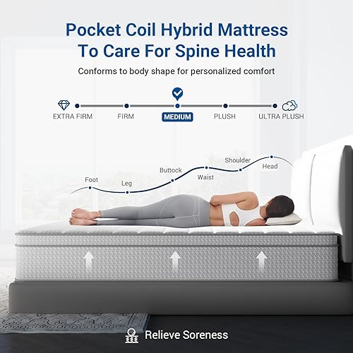 Miniatura 2 de Avenco Colchón tamaño King de 12 pulgadas en una caja, colchones de felpa mediana King con resortes de bolsillo Smarts Coil híbridos para alivio de