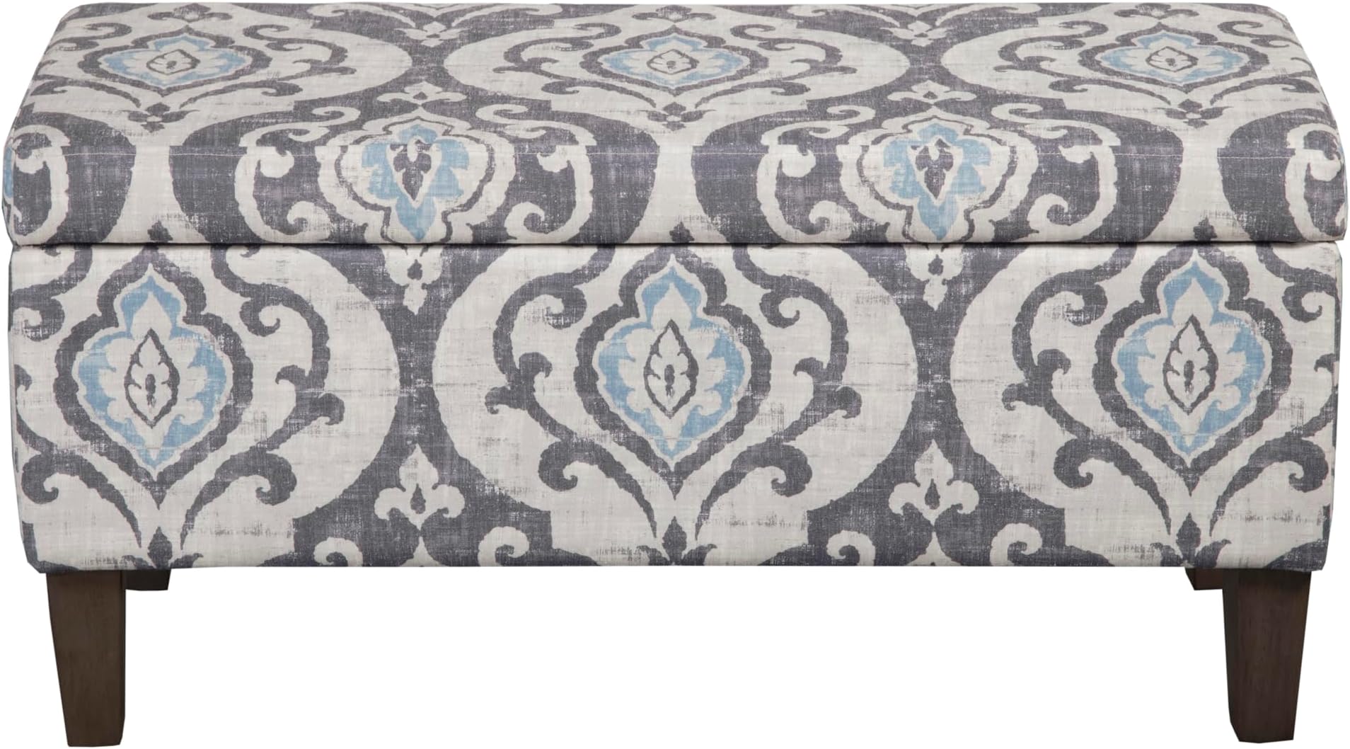 Large Upholstered Rectangular Storage Ottoman Bench with Hinged Lid, Slate Damask