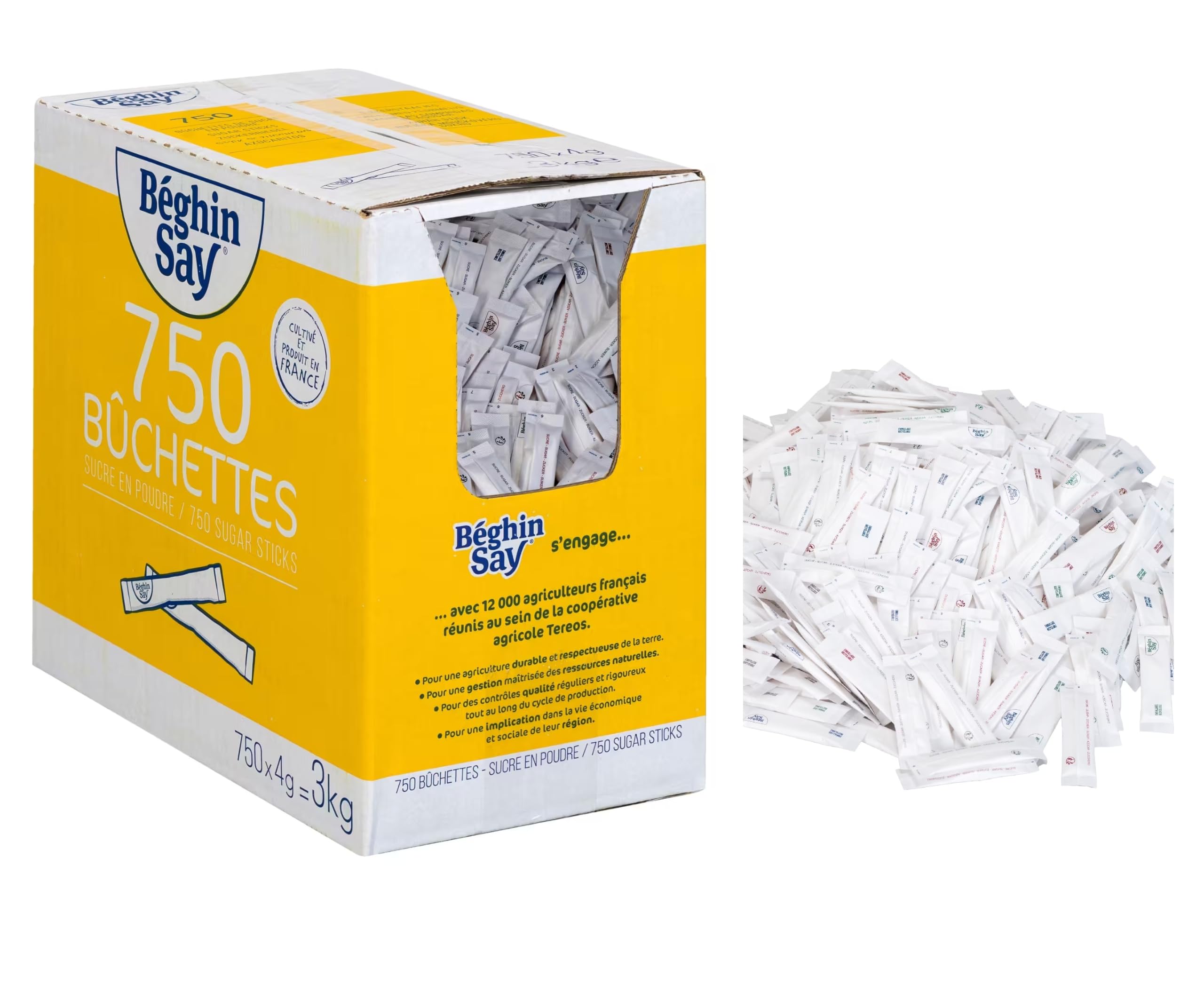 Sucre Blanc en Poudre BEGHIN SAY – Boîte distributrice de 750 Bûchettes Stics 4 g (3 kg) – Idéal pour Les Professionnels – Offre Spéciale
