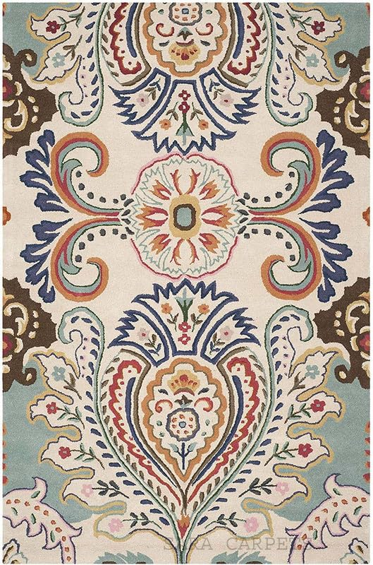 Image of Handmade Woollen Carpet. Craft Collection for Living Room Bedroom. Hall Size 3 x 5 feet (90X150 Cm) O White 21