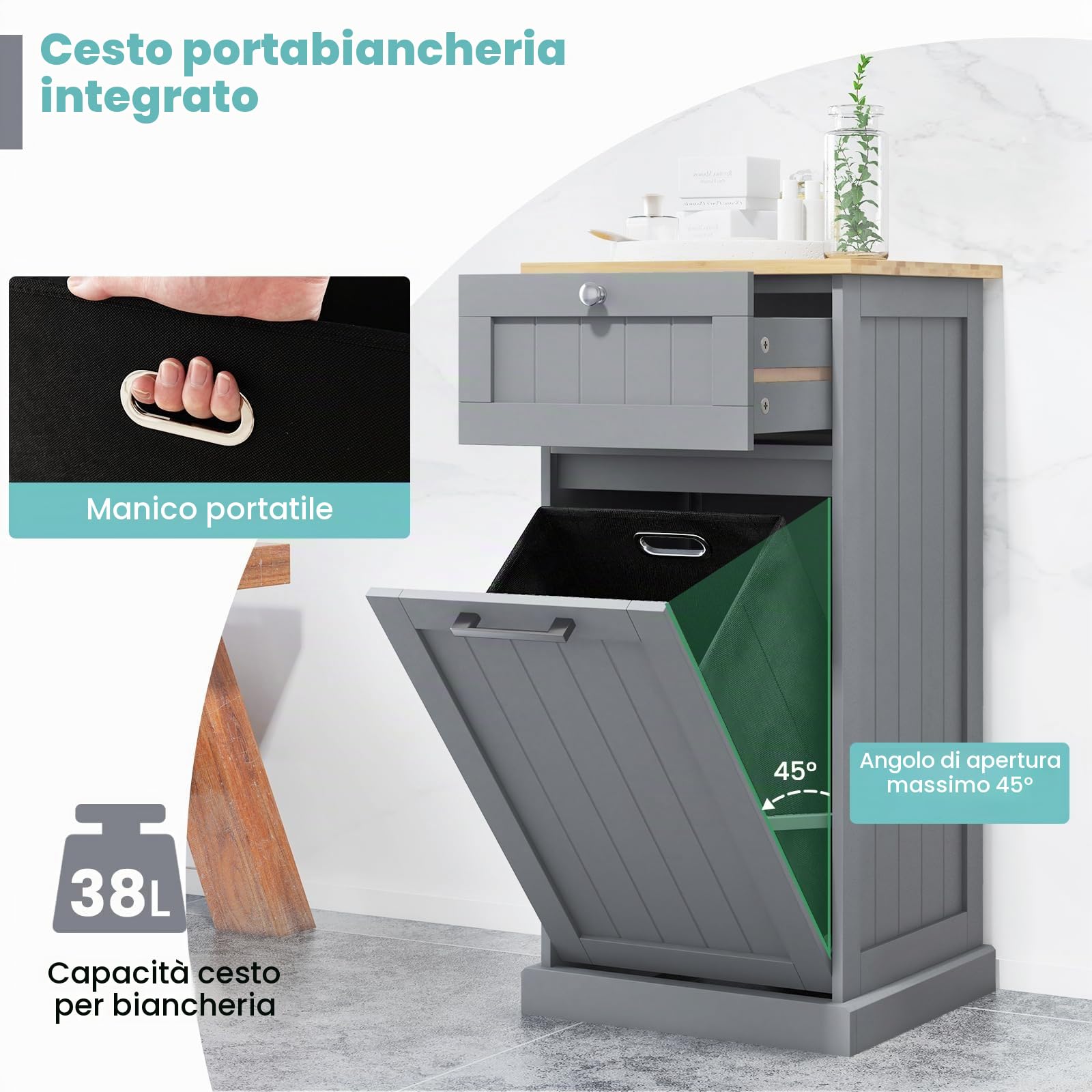 LIFEZEAL Cesto Portabiancheria, 32L, Portabiancheria Sporca, in Legno, Porta Biancheria Sporca per Bagno, con Cassetto e Sacco Rimovibile in Tessuto, Portabiancheria Salvaspazio, 40x37x82cm (grigio)