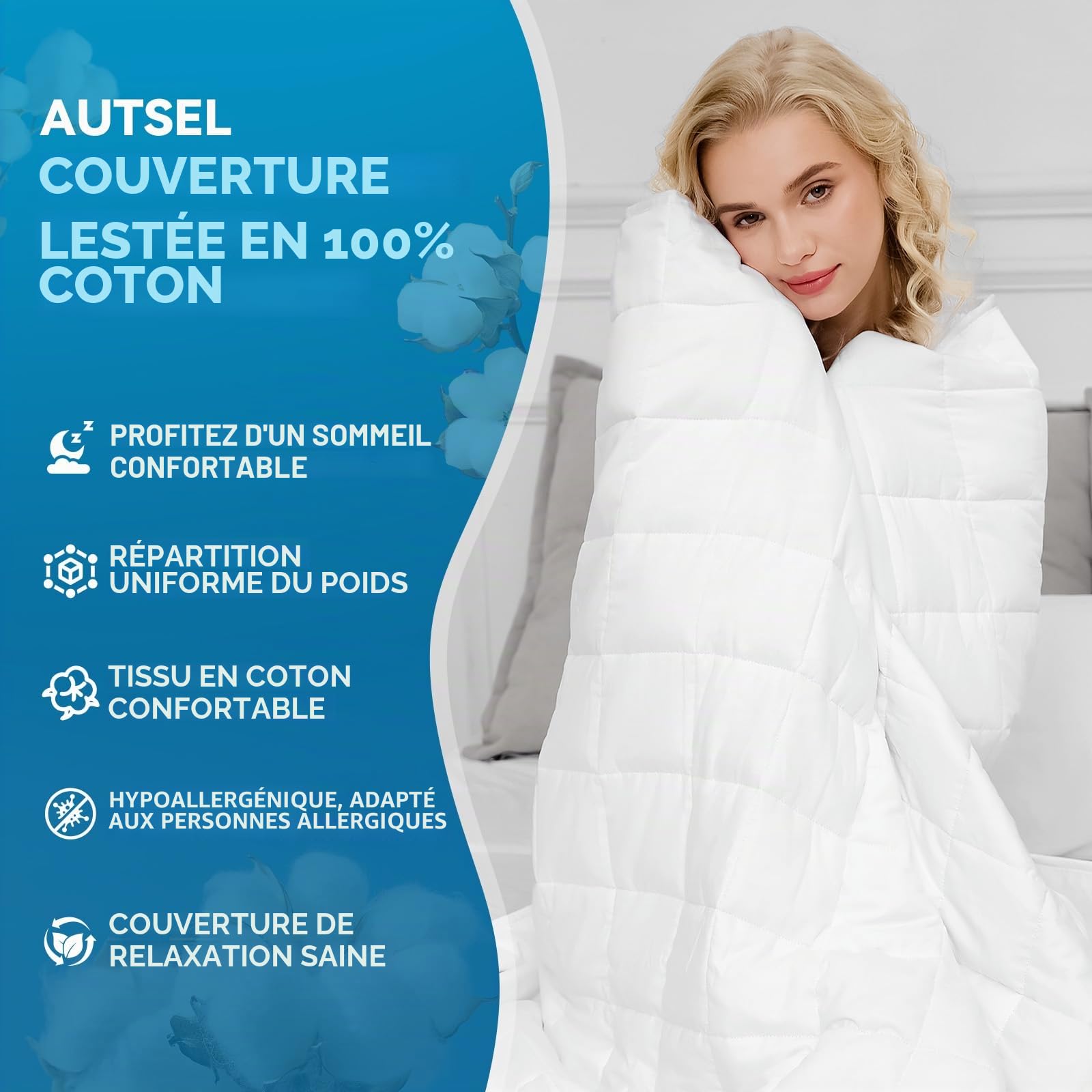 Couverture Lestée Adulte 135x200cm 7kg - Couette Lestée Relaxante & Calmante Weighted Blanket - Couverture Pondérée Perles de Verre Hypoallergéniques - avec Housse de Couette 100% Coton