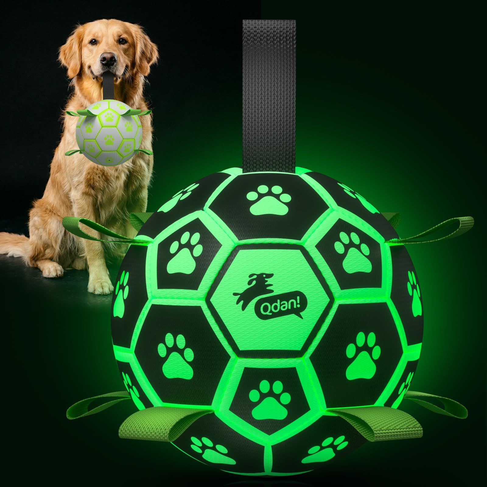 QDAN Glow in The Dark Dog Toys, Dog Soccer Ball with Straps, Night Play Fun